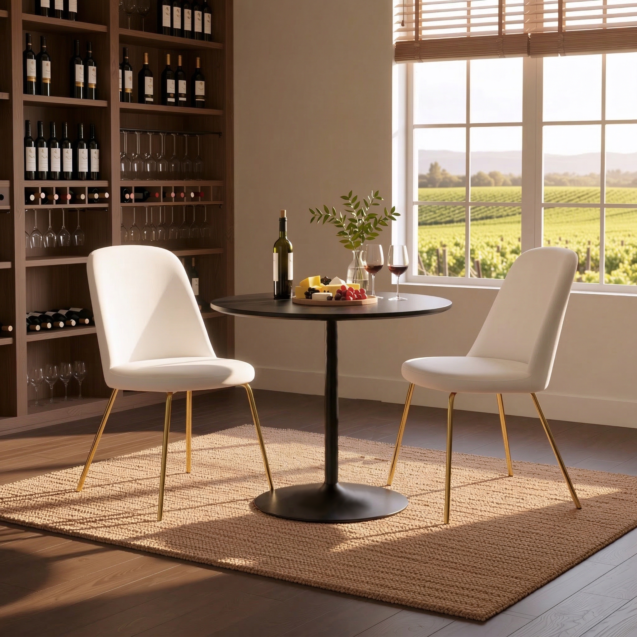 Homy Casa Clift 3PC Dining Set 31.5” Black Round Dining Table with 2 Zanka Beige Fabric Upholstered Dining Chairs with Gold-Plated Legs