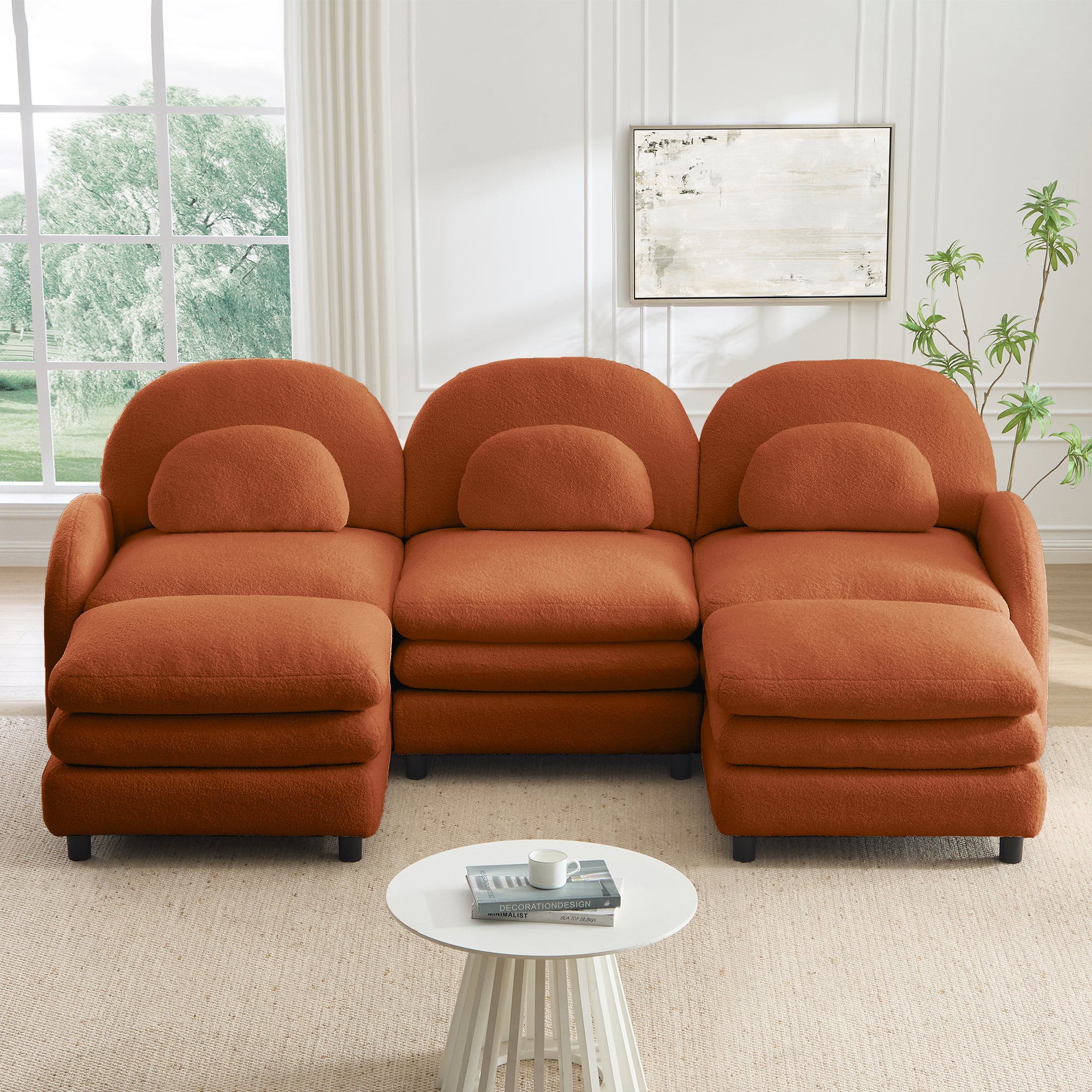 Ventura 98" Modular Teddy Fabric U-Shaped Sectional Sofa with Ottomans and Arched Back