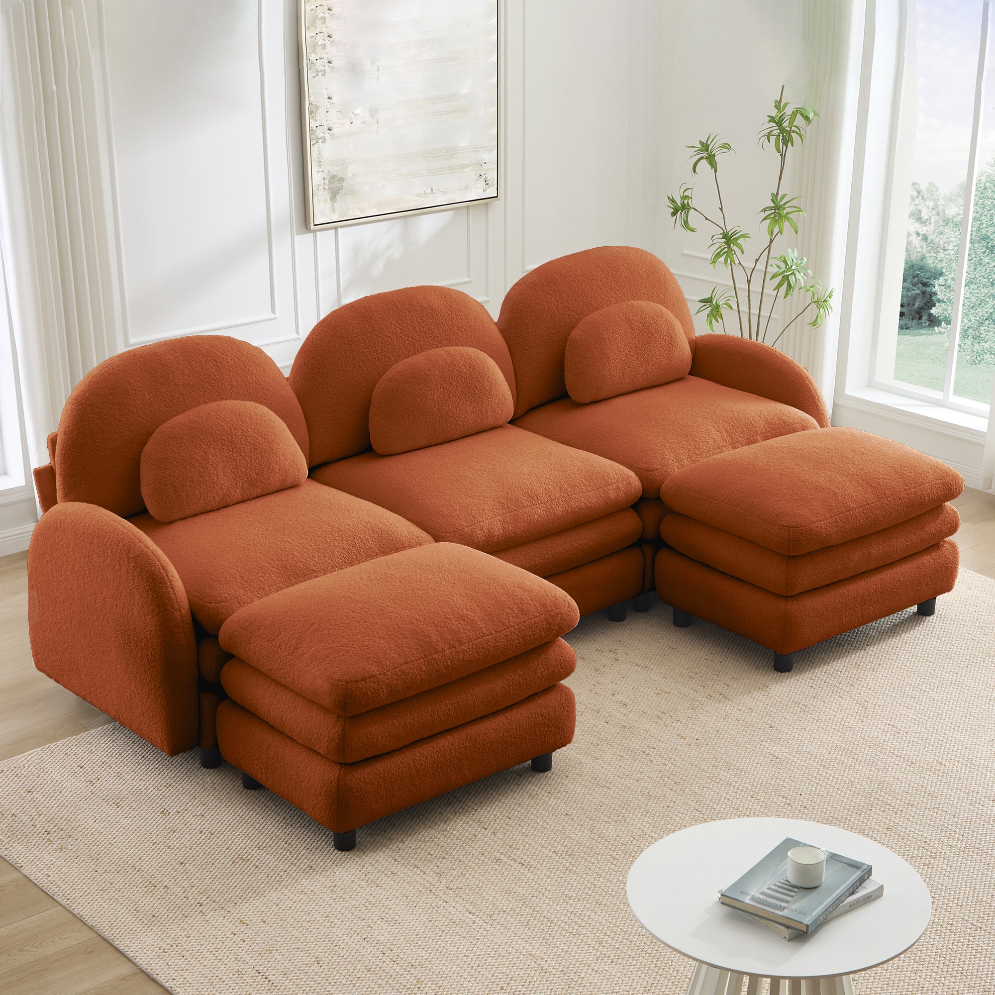 Ventura 98" Modular Teddy Fabric U-Shaped Sectional Sofa with Ottomans and Arched Back