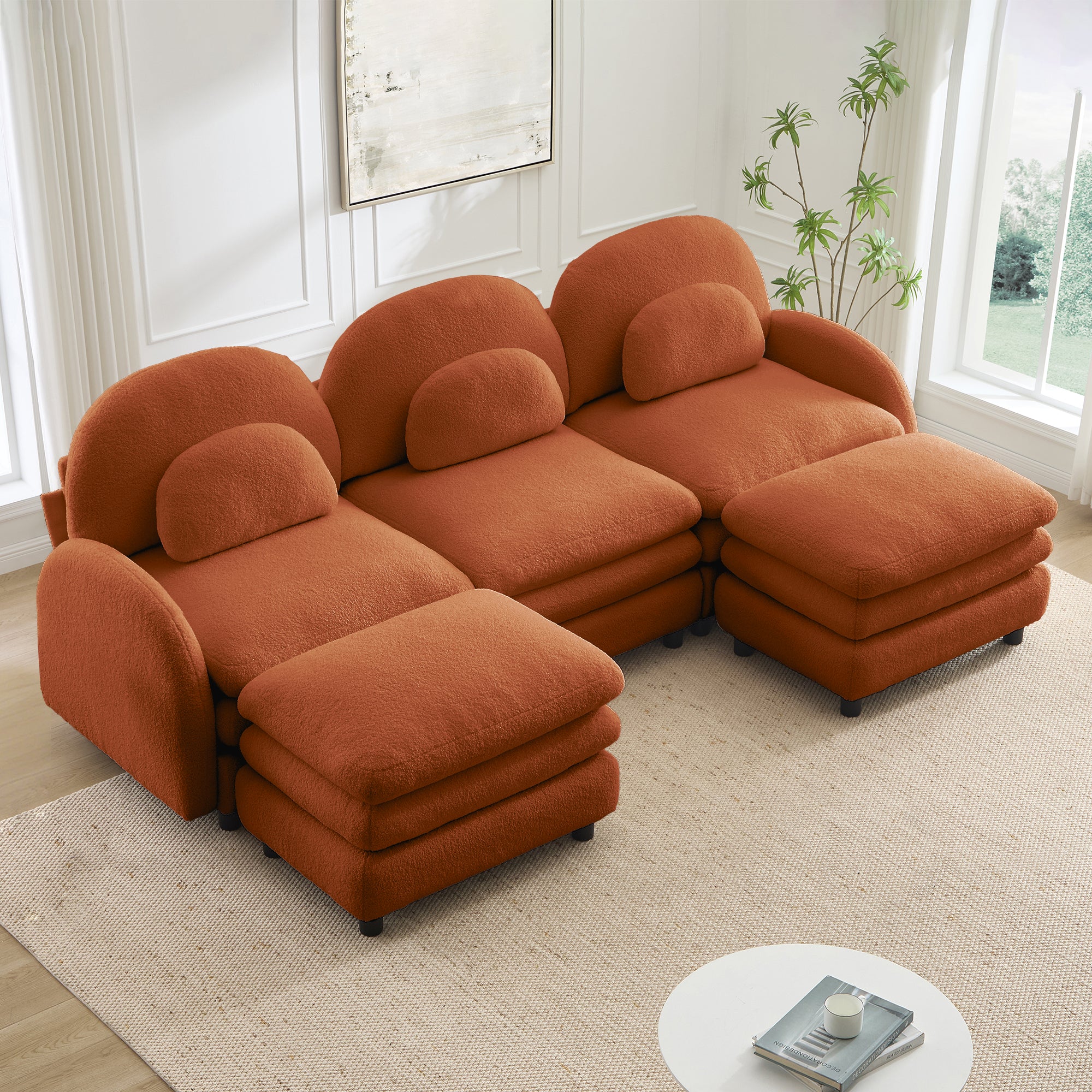Ventura 98" Modular Teddy Fabric U-Shaped Sectional Sofa with Ottomans and Arched Back
