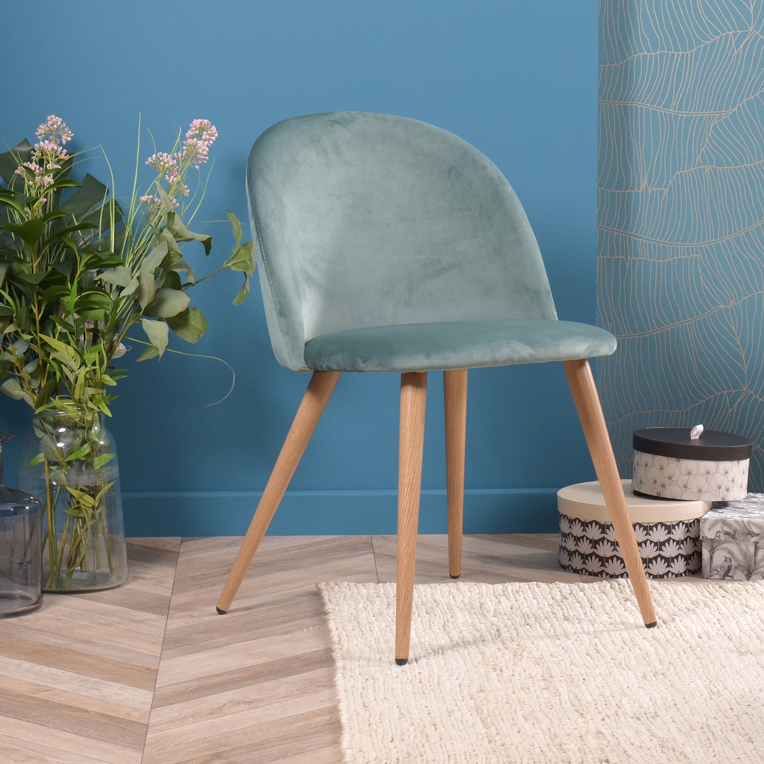 Homy Casa ZOMBA Velvet Aqua Dining Chair with Oak Legs, Set of 4
