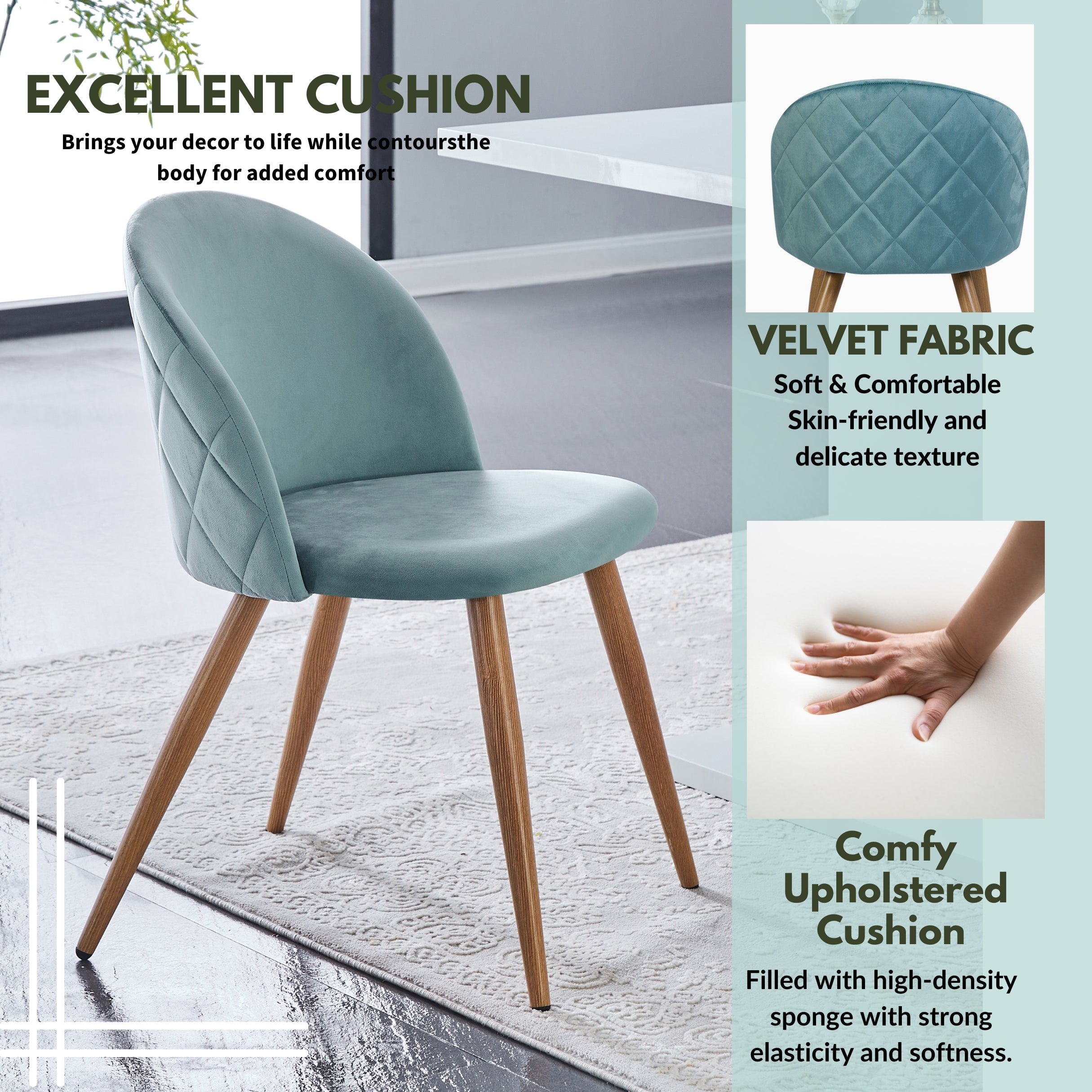 Homy Casa Lancelot 5PC Dining Set 63” Walnut Table with 4 Zomba Velvet Upholstered Chairs in Cactus Green