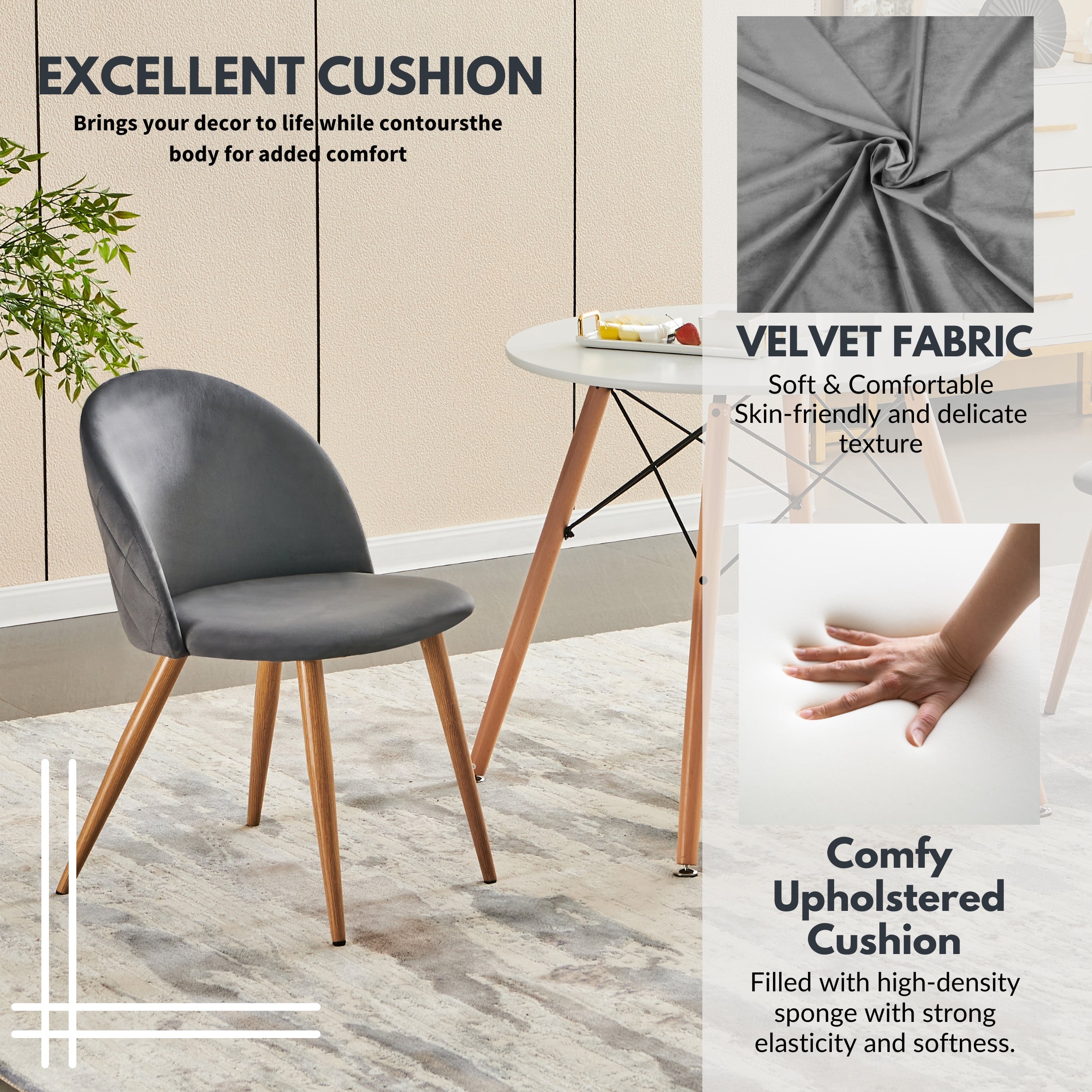 Homy Casa ZOMBA 2PC Velvet Dining Chairs, Grey with Oak Legs, Accent Chair