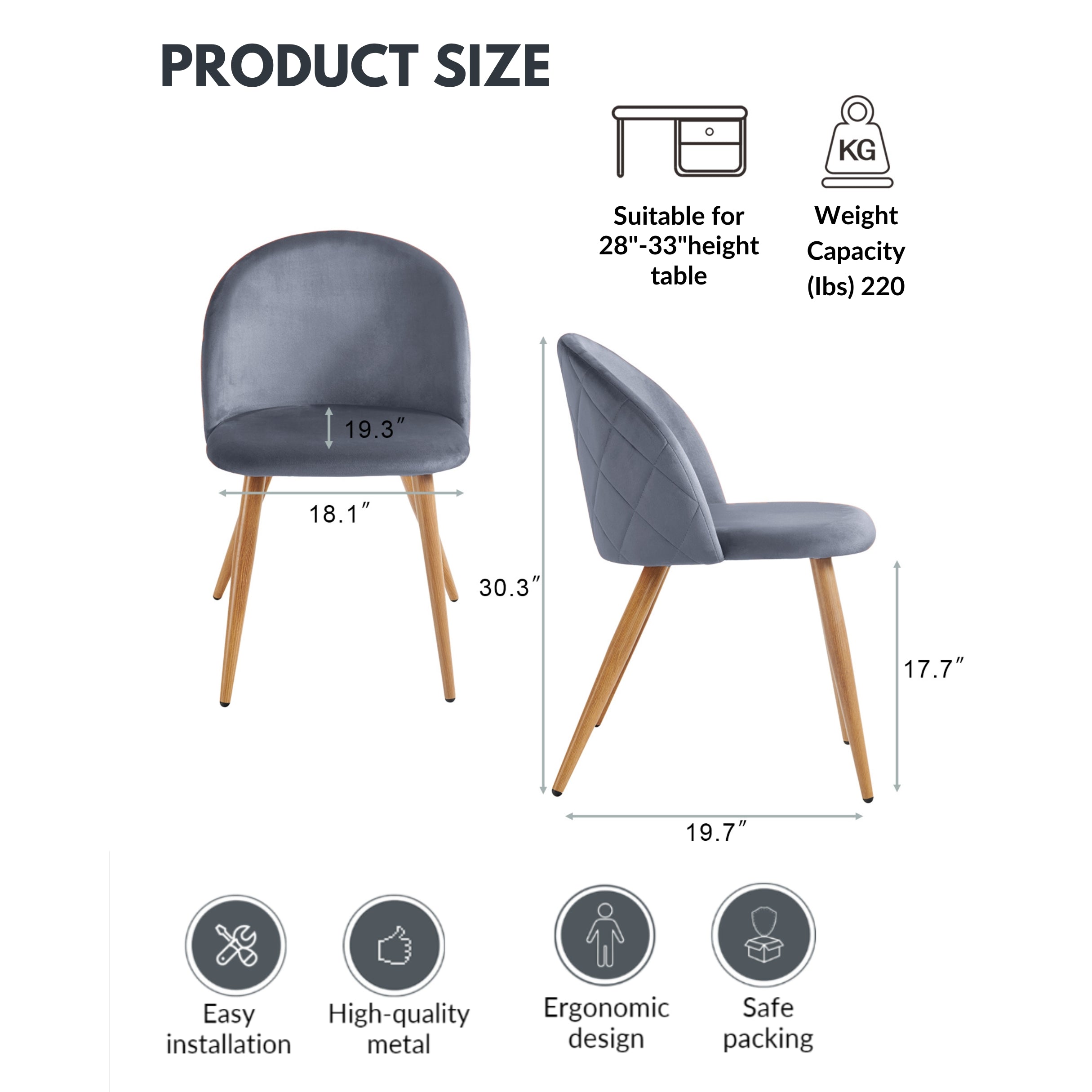 ZOMBA 2PC Grey Velvet Dining Chair, Oak Legs, Modern Upholstered
