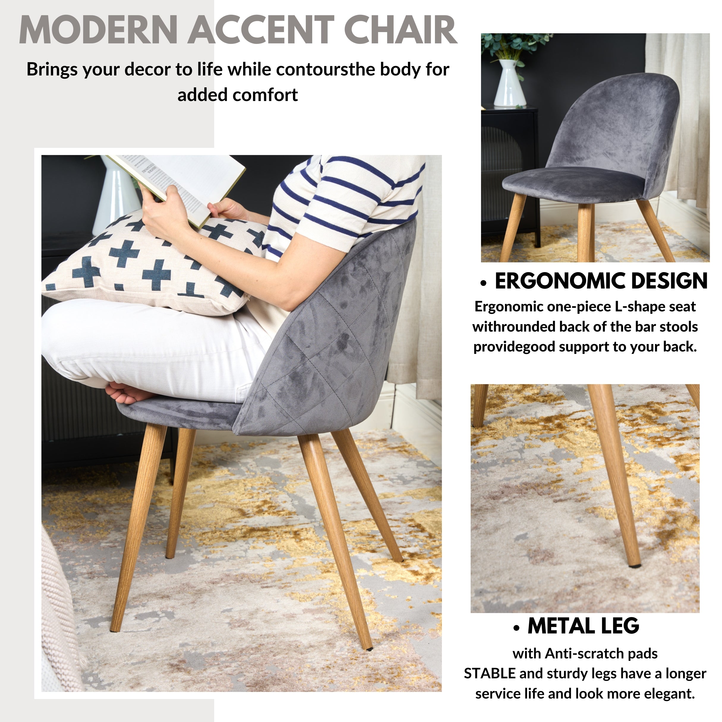 Homy Casa ZOMBA 2PC Velvet Dining Chairs, Grey with Oak Legs, Accent Chair