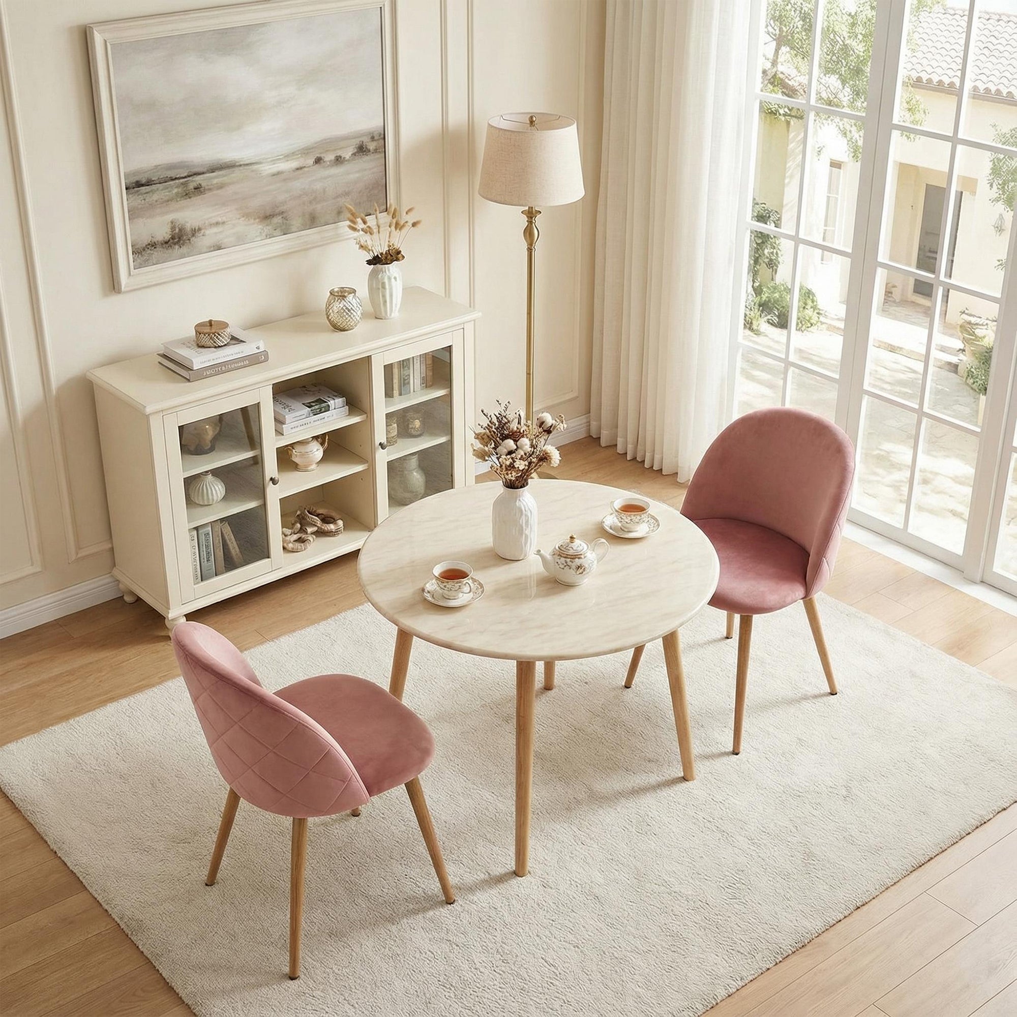 Zomba Upholstered Dining Chairs, Boucle or Velvet Fabric, Oak Metal Legs