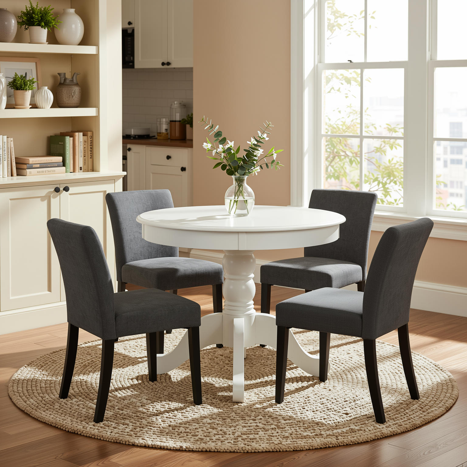 Homy Casa Zuhayr 5PC Classic Dining Set 36” Matte White Round Table with 4 Lowe Grey Fabric Chairs Open Box