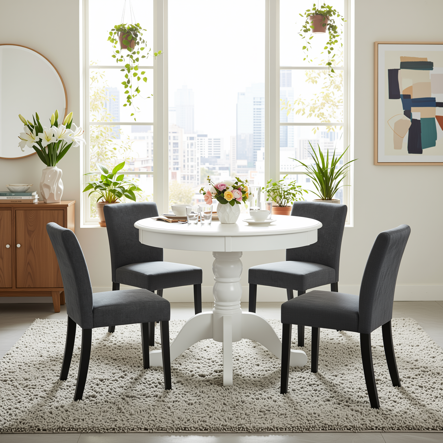Homy Casa Zuhayr 5PC Classic Dining Set 36” Matte White Round Table with 4 Lowe Grey Fabric Chairs Open Box