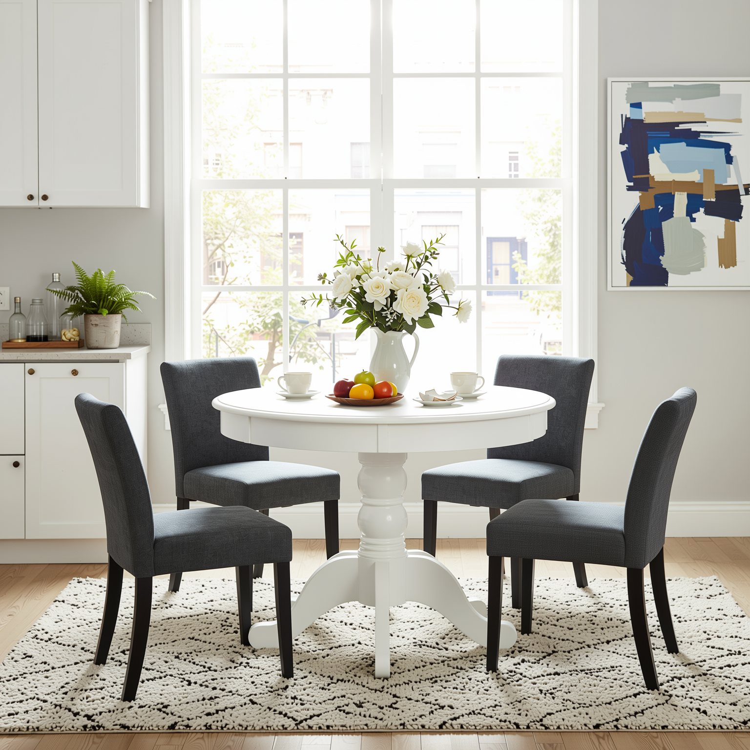 Homy Casa Zuhayr 5PC Classic Dining Set 36” Matte White Round Table with 4 Lowe Grey Fabric Chairs Open Box