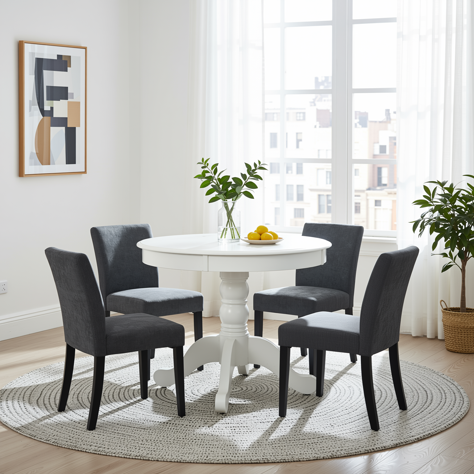 Homy Casa Zuhayr 5PC Classic Dining Set 36” Matte White Round Table with 4 Lowe Grey Fabric Chairs Open Box