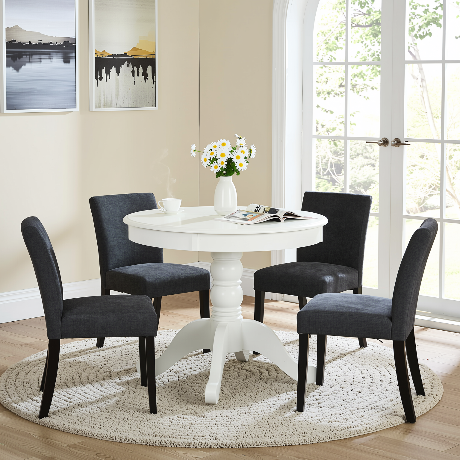 Homy Casa Zuhayr 5PC Classic Dining Set 36” Matte White Round Table with 4 Lowe Grey Fabric Chairs Open Box