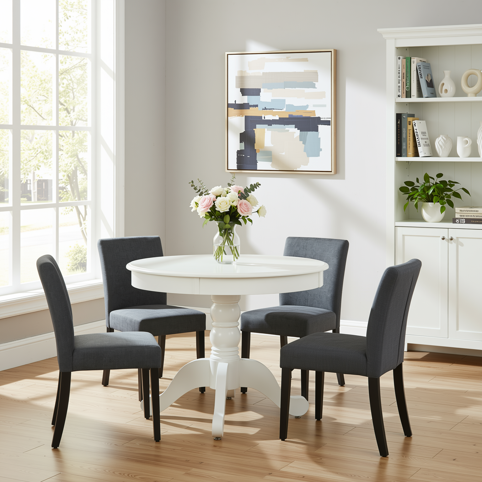 Homy Casa Zuhayr 5PC Classic Dining Set 36” Matte White Round Table with 4 Lowe Grey Fabric Chairs Open Box