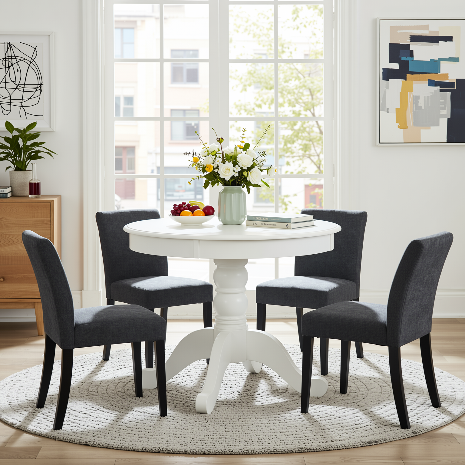 Homy Casa Zuhayr 5PC Classic Dining Set 36” Matte White Round Table with 4 Lowe Grey Fabric Chairs Open Box