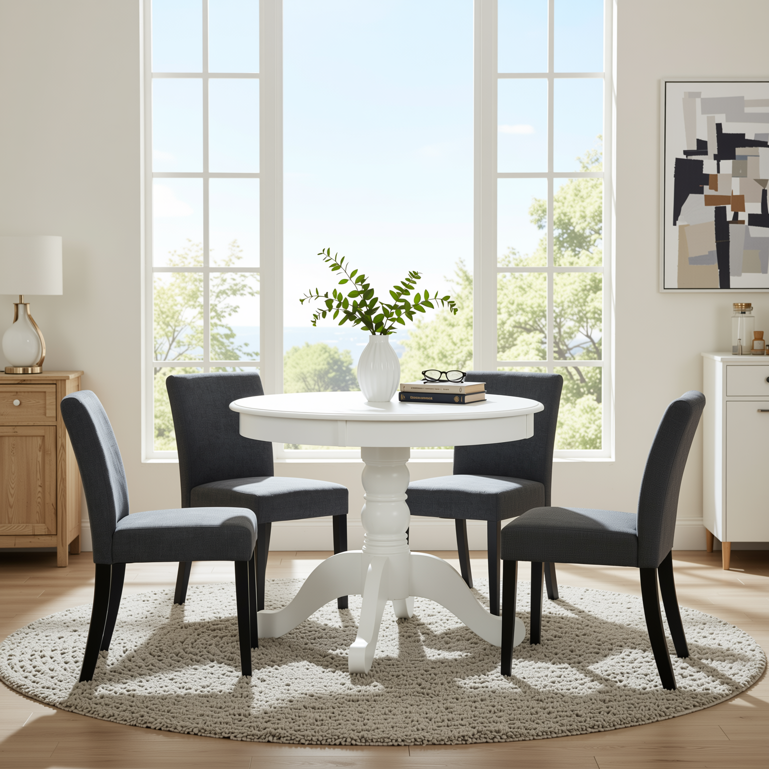 Homy Casa Zuhayr 5PC Classic Dining Set 36” Matte White Round Table with 4 Lowe Grey Fabric Chairs Open Box