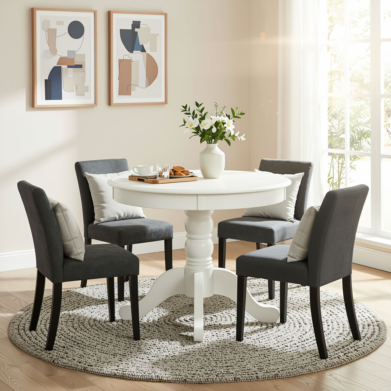 Homy Casa Zuhayr 5PC Classic Dining Set 36” Matte White Round Table with 4 Lowe Grey Fabric Chairs Open Box