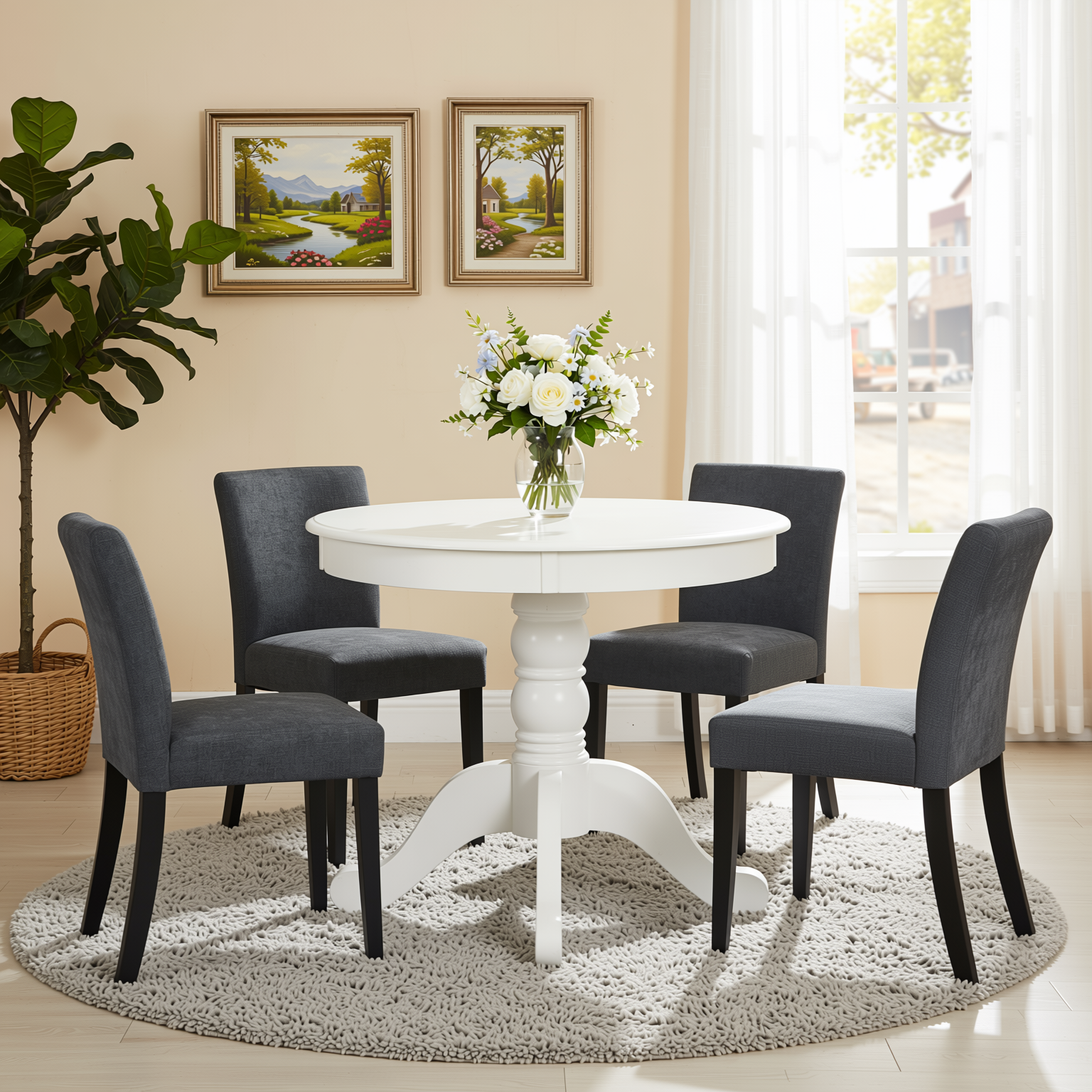 Homy Casa Zuhayr 5PC Classic Dining Set 36” Matte White Round Table with 4 Lowe Grey Fabric Chairs Open Box