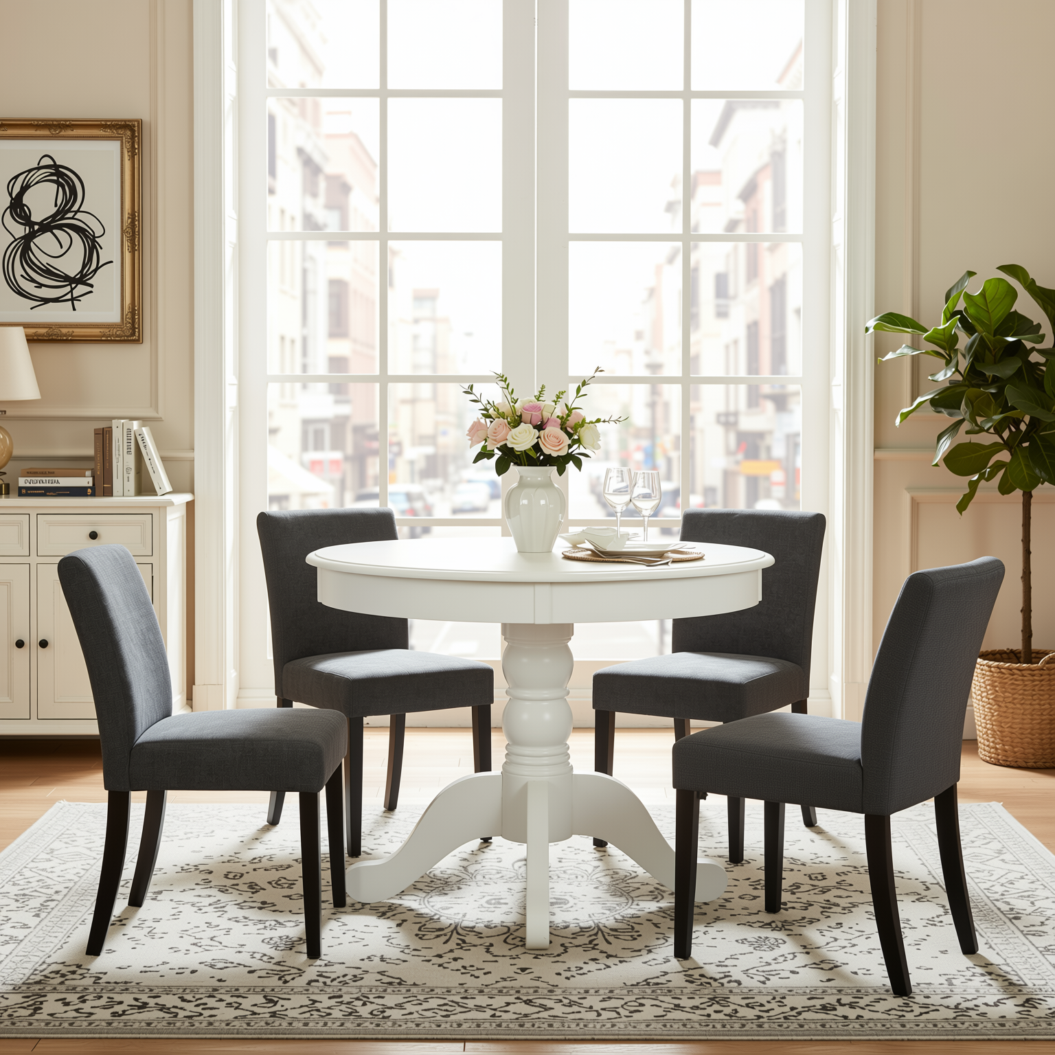 Homy Casa Zuhayr 5PC Classic Dining Set 36” Matte White Round Table with 4 Lowe Grey Fabric Chairs Open Box