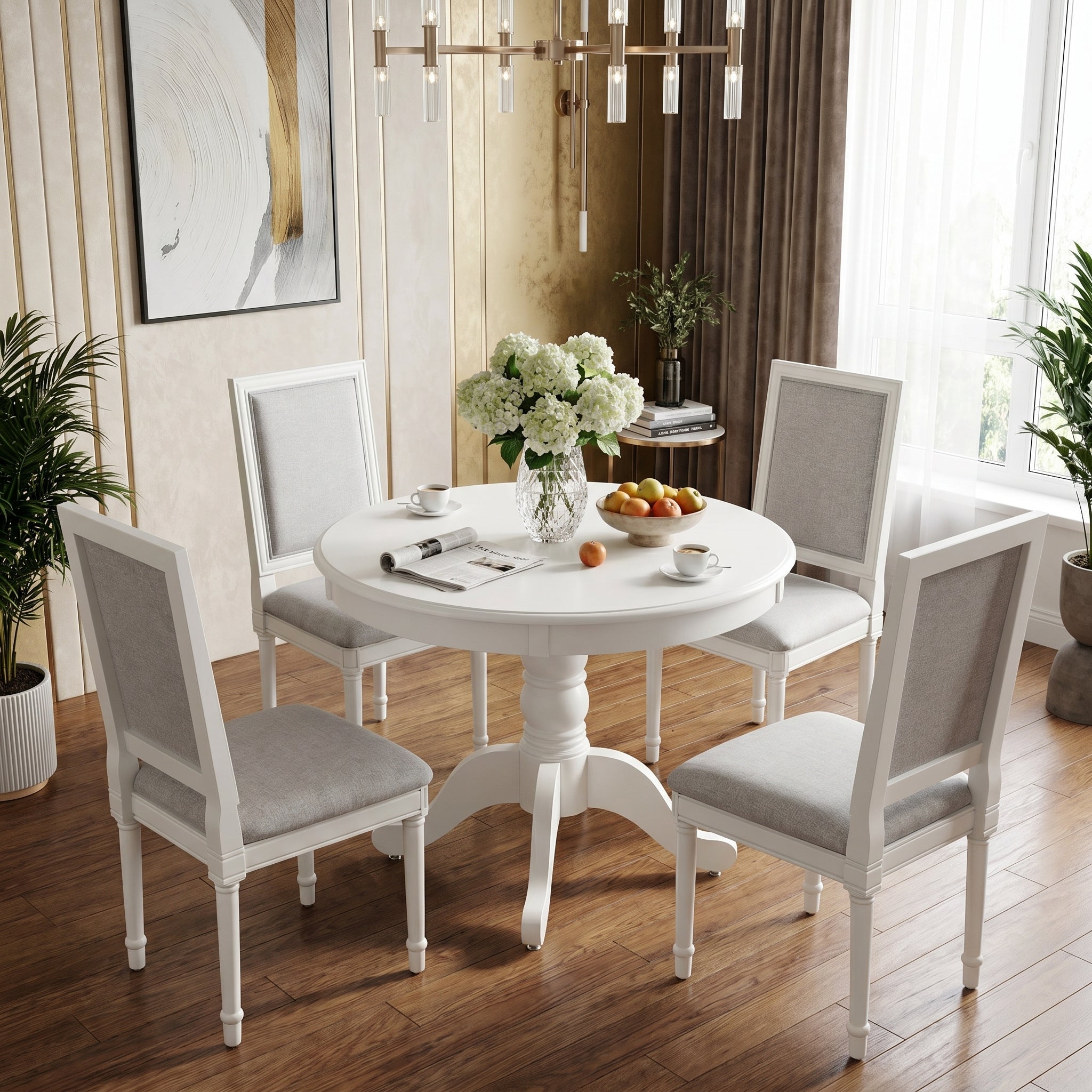 Homy Casa Zuhayr 5PC Classic Dining Set 36” Matte White Round Table with 4 Zakir Fabric Chairs Open Box Assembled