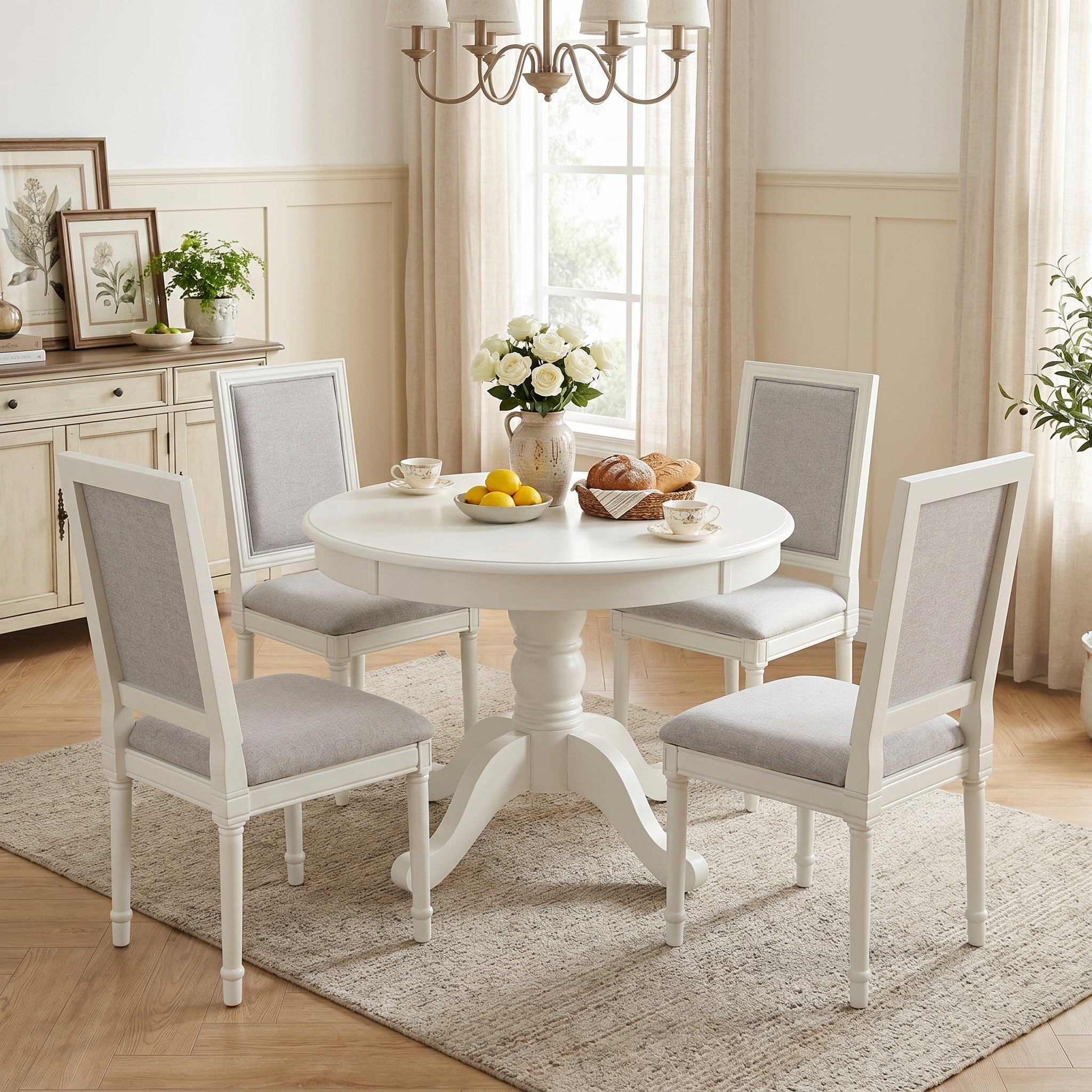 Homy Casa Zuhayr 5PC Classic Dining Set 36” Matte White Round Table with 4 Zakir Fabric Chairs Open Box Assembled