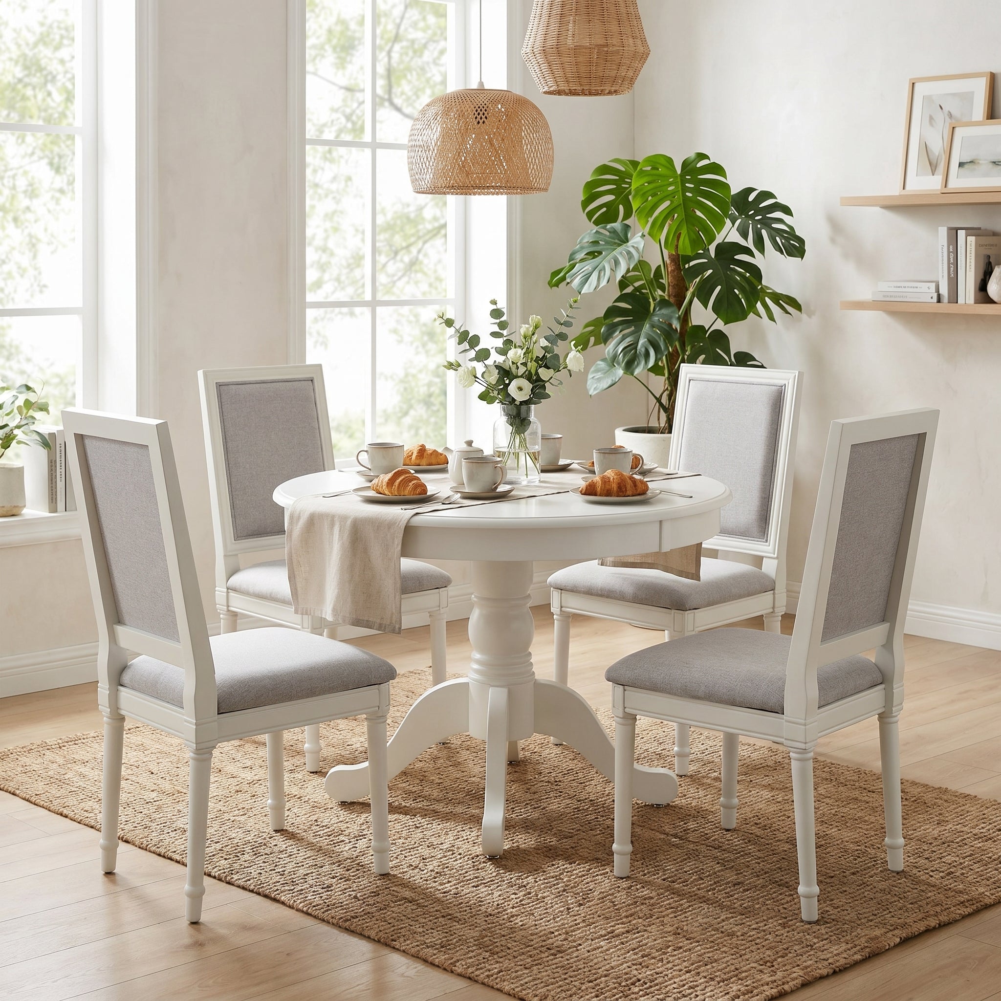 Homy Casa Zuhayr 5PC Classic Dining Set 36” Matte White Round Table with 4 Zakir Fabric Chairs Open Box Assembled