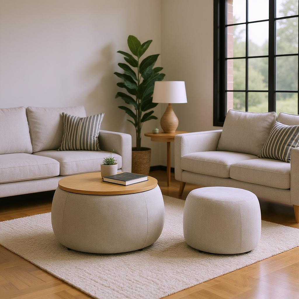 Zion 2 Piece Round Storage Ottoman and Coffee Table Set