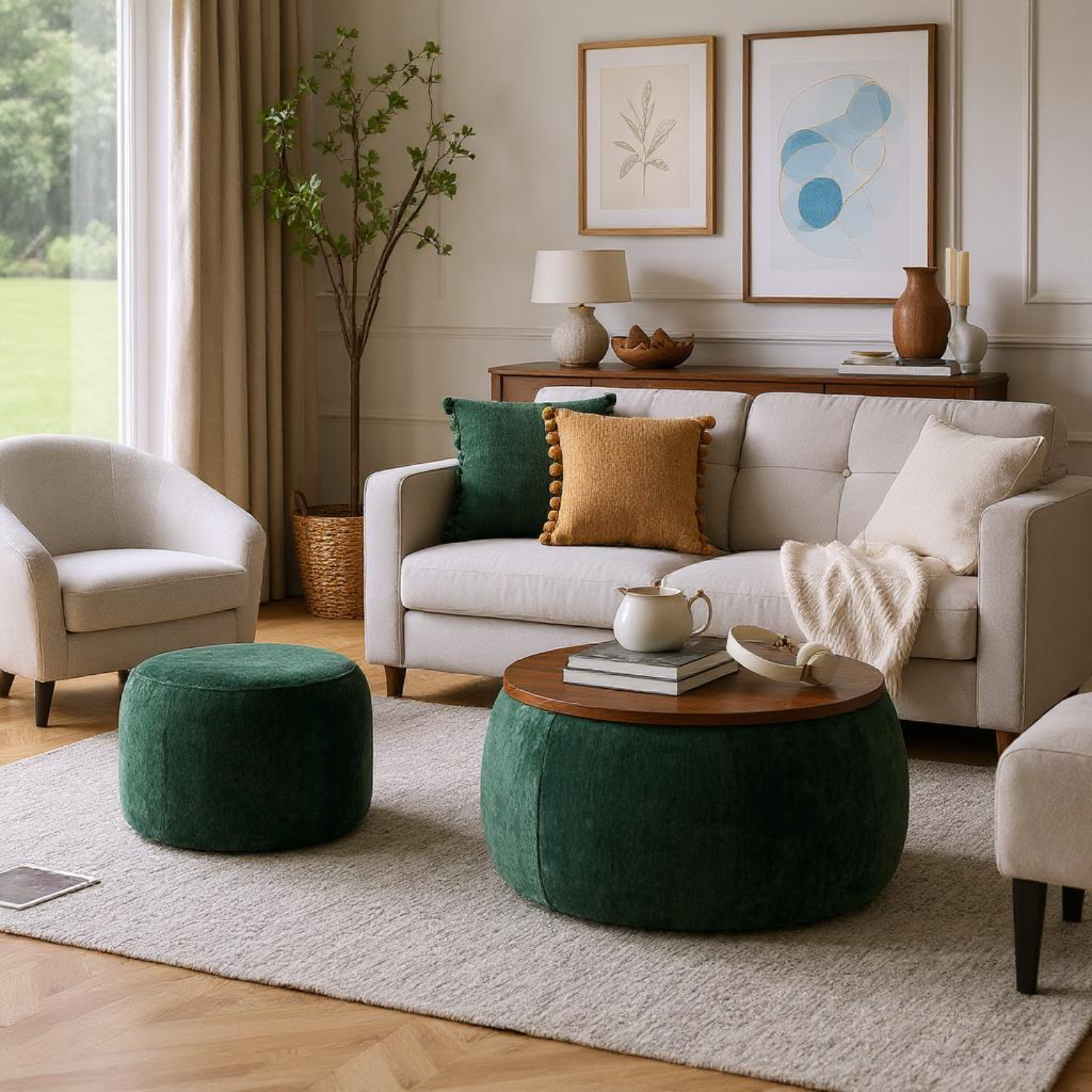 Zion 2 Piece Round Storage Ottoman and Coffee Table Set