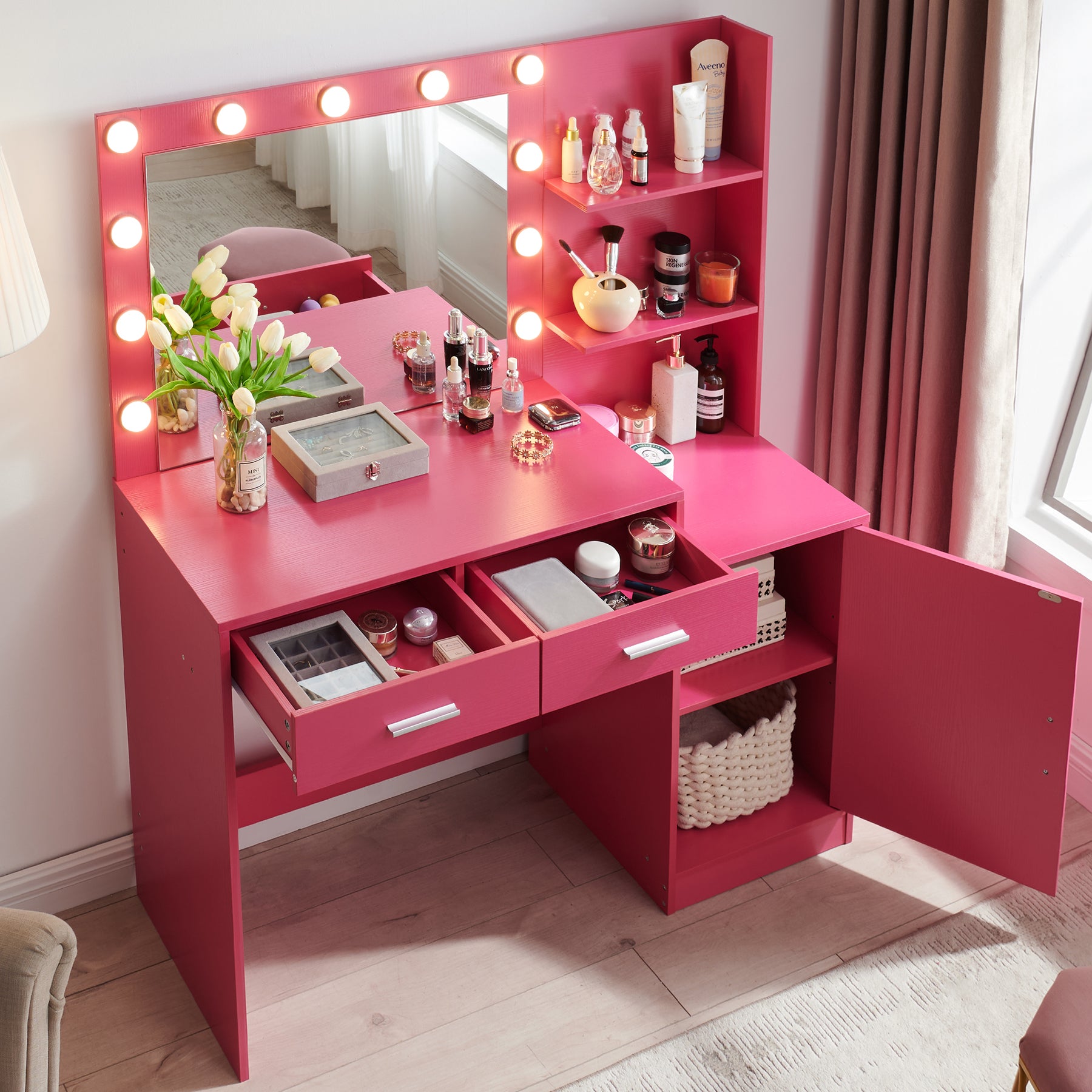Espoo 46.4" Modern Vanity Desk with Lighted Mirror, Pink