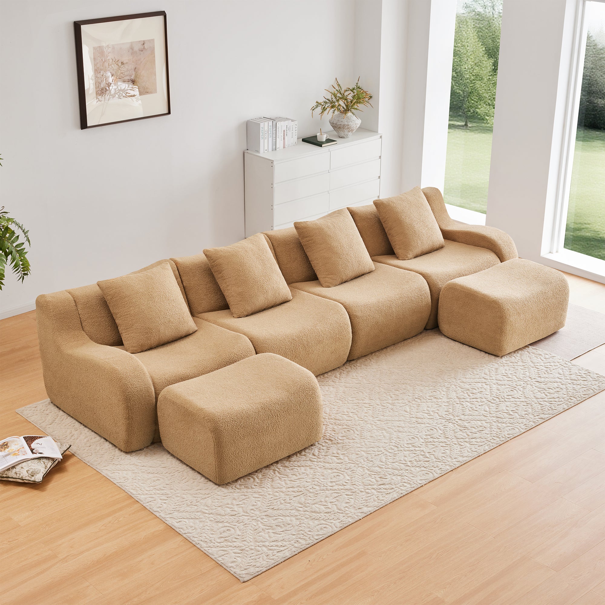 Chico 148" Modular Teddy Fabric U-Shaped Sectional Sofa with Curved Armrests and Movable Ottomans
