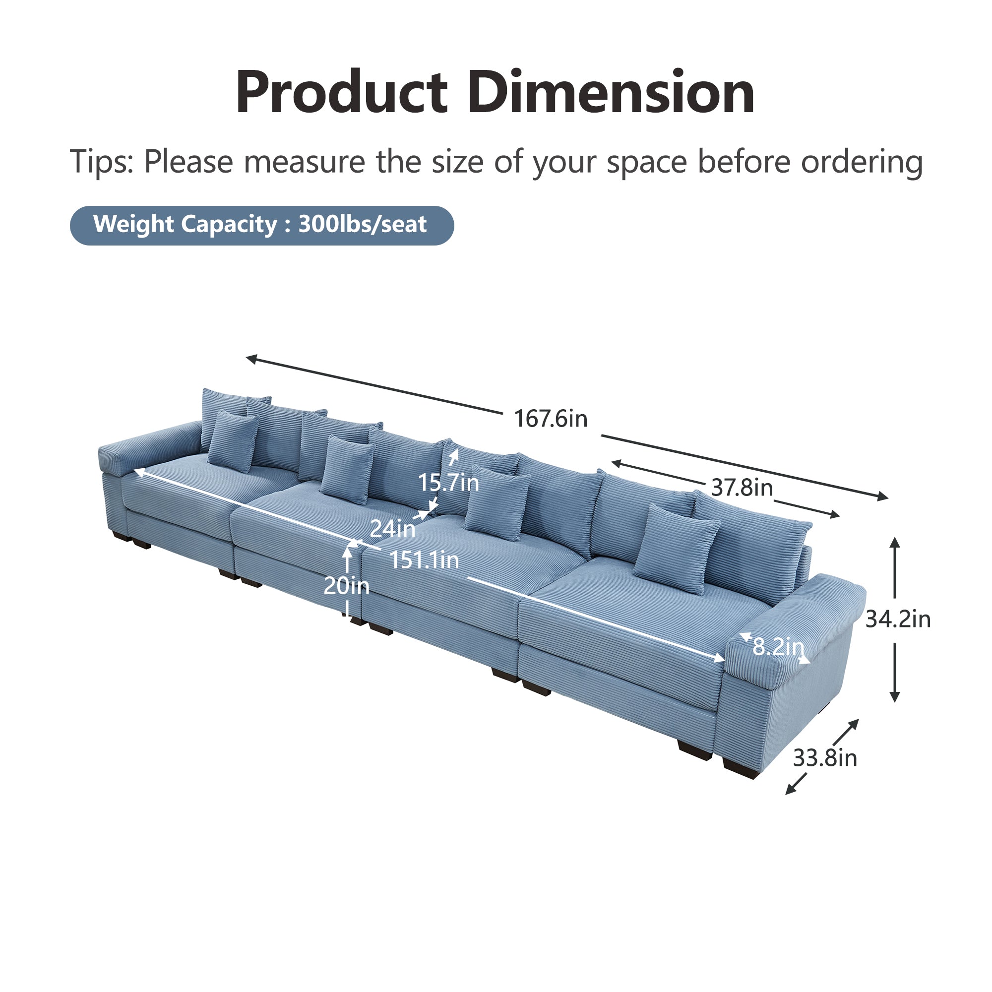 Albany 168" Modular Corduroy Oversized Cloud 5-Seater Sofa with Extra-Thick Armrests
