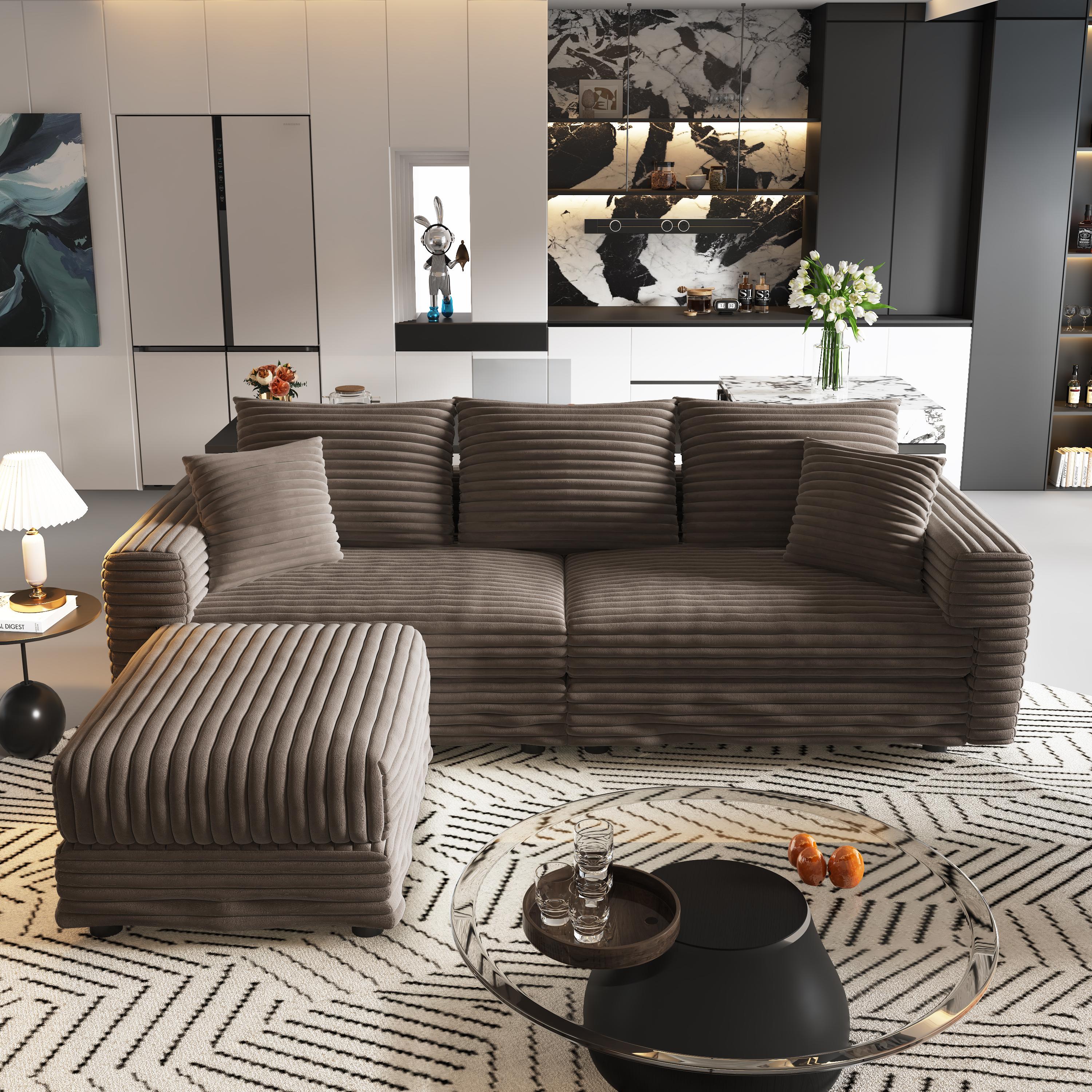 Norwalk 83" Modular Plush Corduroy 3-Seater Sofa with Soft Pillows and Ottoman