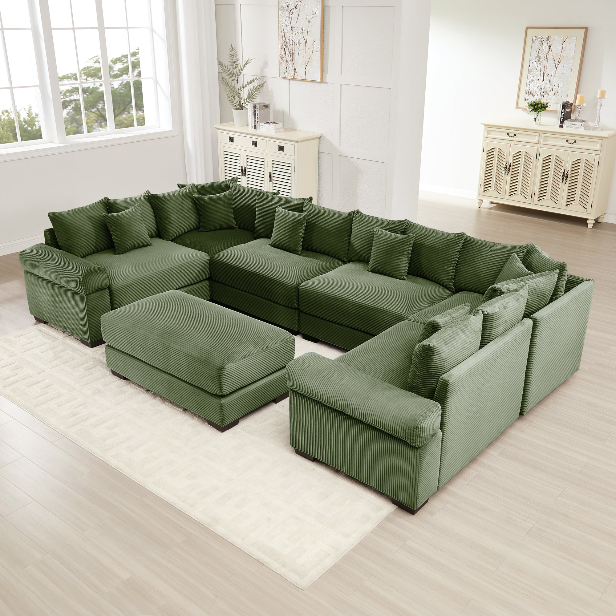Albany 138" Oversized 7 Pieces Modular Corduroy U-Shaped Sectional Sofa with Ottoman
