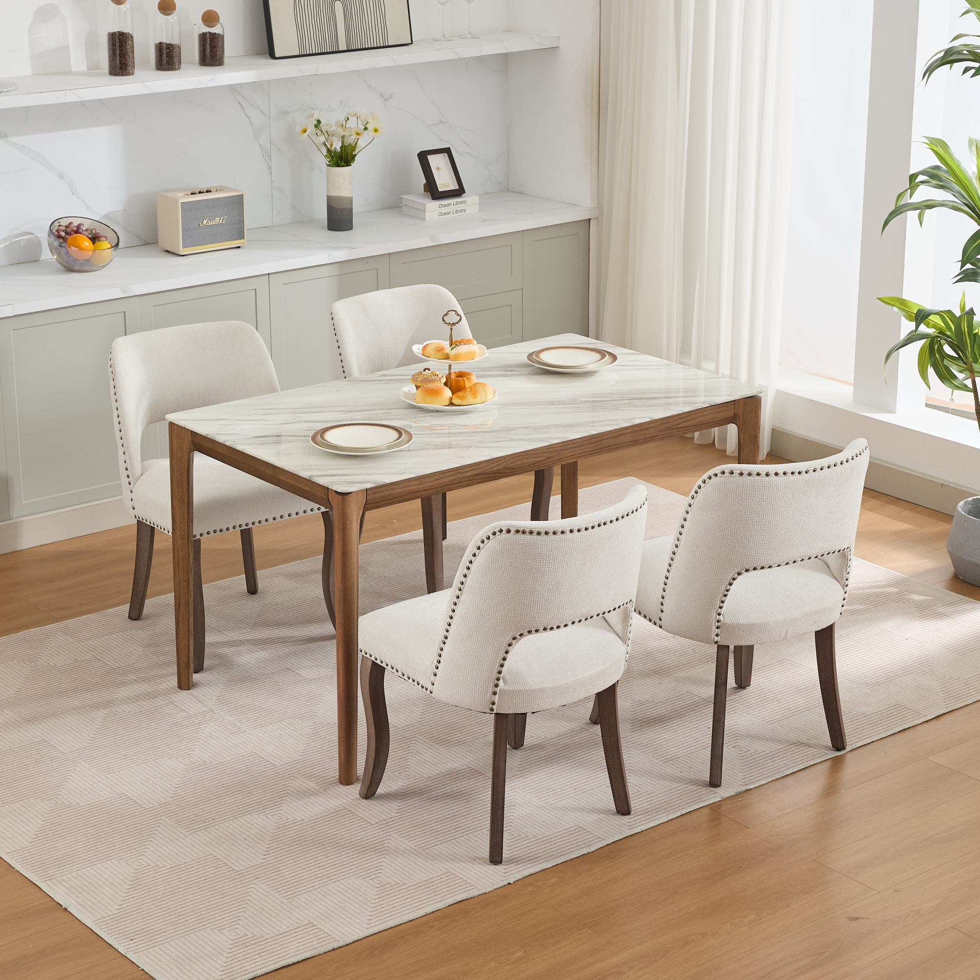 Tiberis Modern Fabric Upholstered Dining Chair Set of 2 Wood Frame