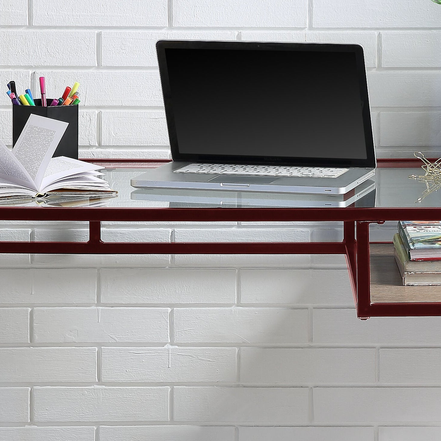 Nexus 48" Modern Metal Frame Office Desks with Glass Top and Wood Shelf