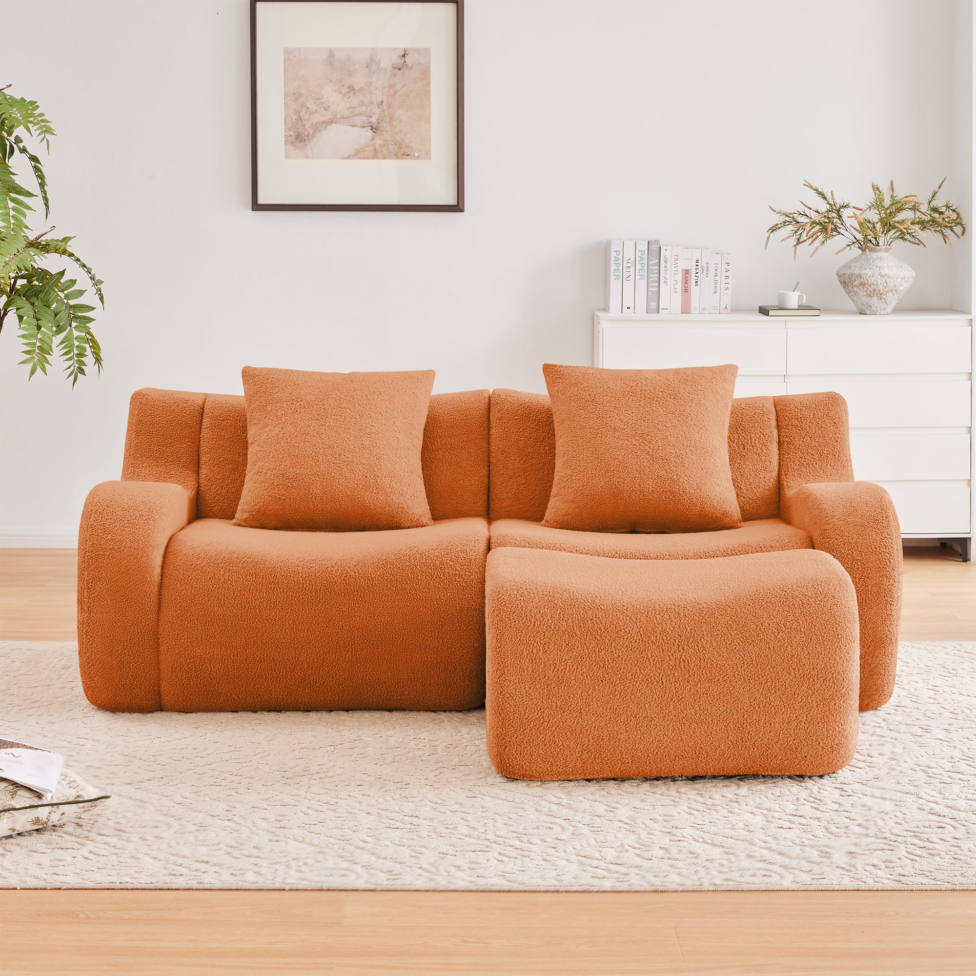 Chico 83" Modular Teddy Fabric L-Shaped Loveseat Sofa with Movable Ottoman