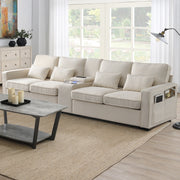 114.2' Upholstered Sofa with Console, 2 Cupholders and 2 USB Ports Wired or Wirelessly Charged, Modern Linen Fabric Couches with 4 Pillows for Living Room, Apartment (4-Seat)