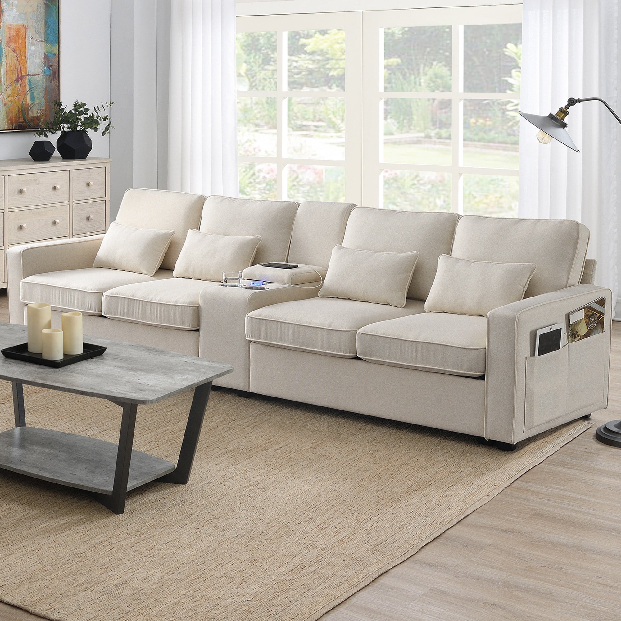 114.2' Upholstered Sofa with Console, 2 Cupholders and 2 USB Ports Wired or Wirelessly Charged, Modern Linen Fabric Couches with 4 Pillows for Living Room, Apartment (4-Seat)