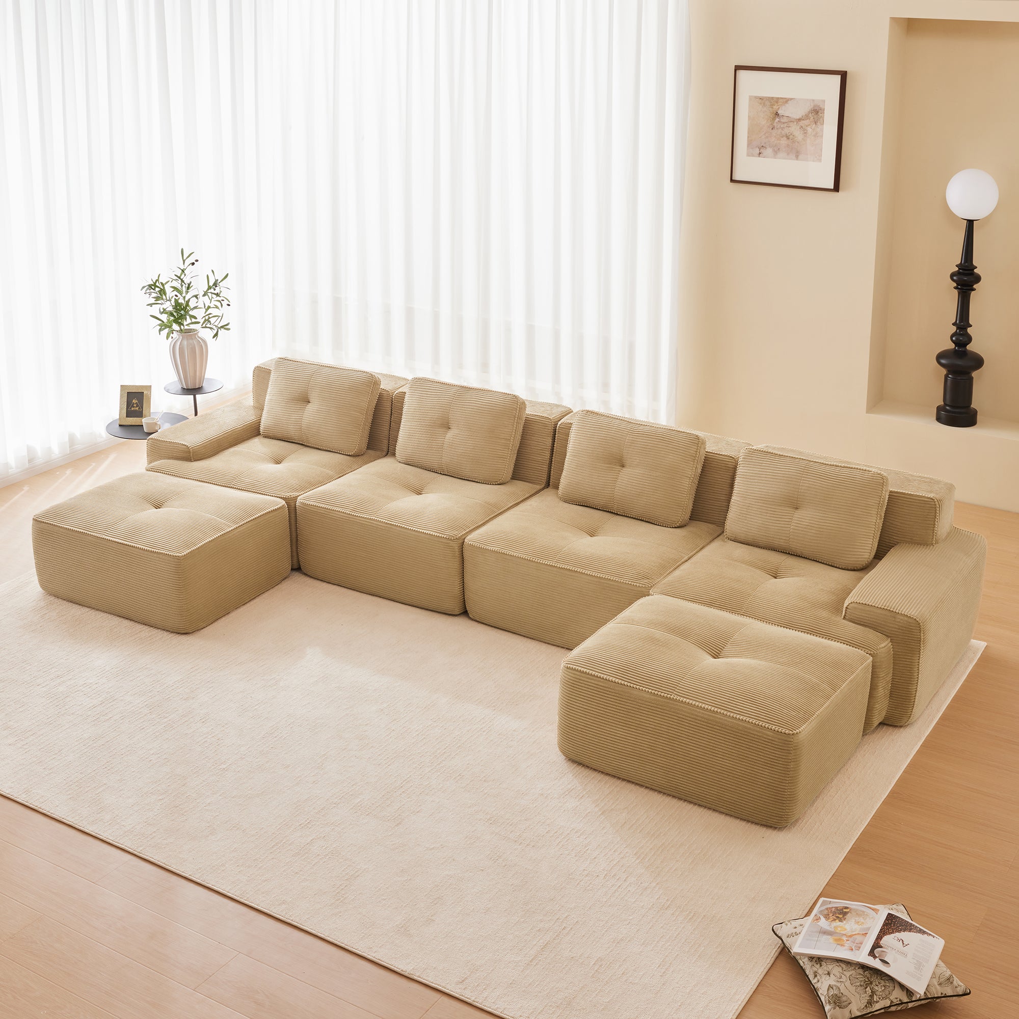 Racine 153" Modular Corduroy Fabric U-Shaped Sectional Sofa with Deep Seat and 2 Movable Ottomans