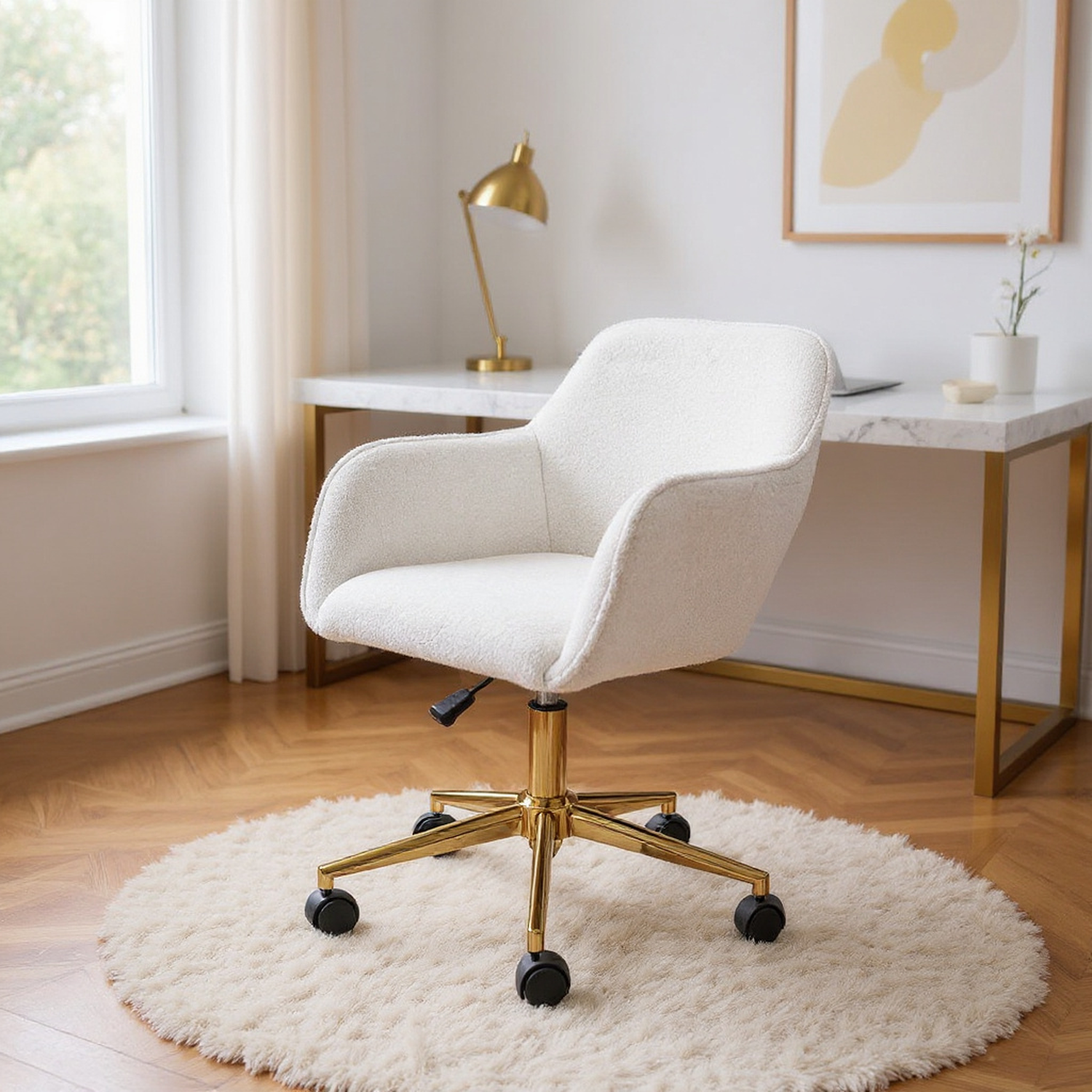 Modern Teddy Fabric Material Adjustable Height 360 Revolving Home Office Chair With Gold Metal Legs And Universal Wheel For Indoor