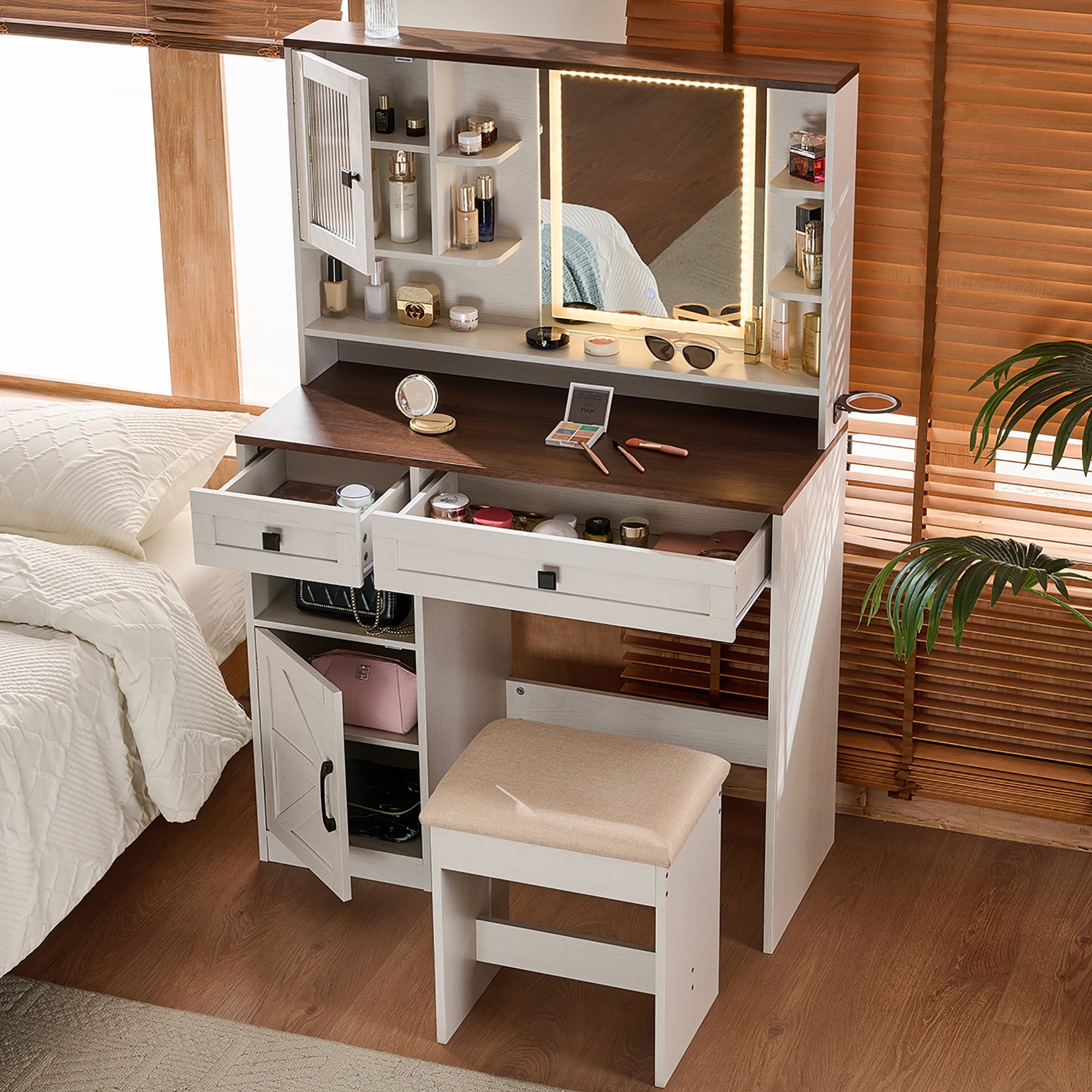 Frida 37.4" Makeup Vanity Set with Lighted Mirror and Upholstered Stool