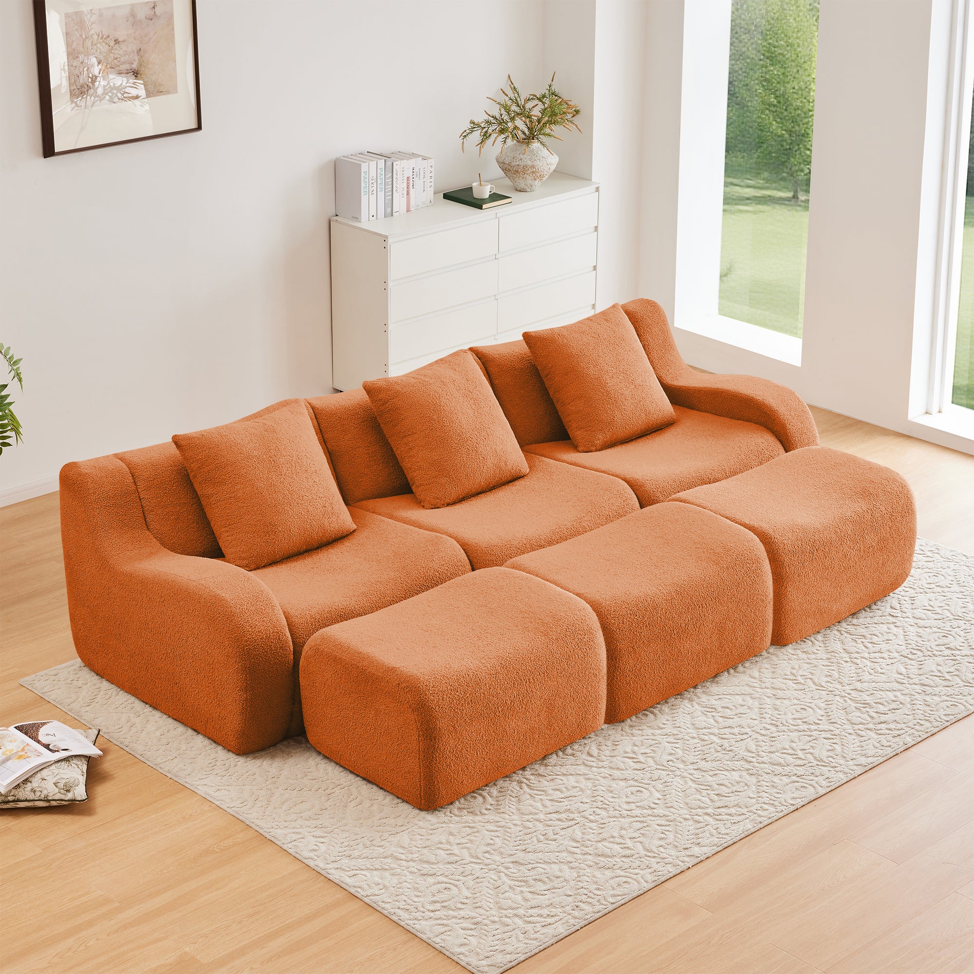Chico 115" Modular Teddy Fabric 3-Seater Sofa with3 Ottomans