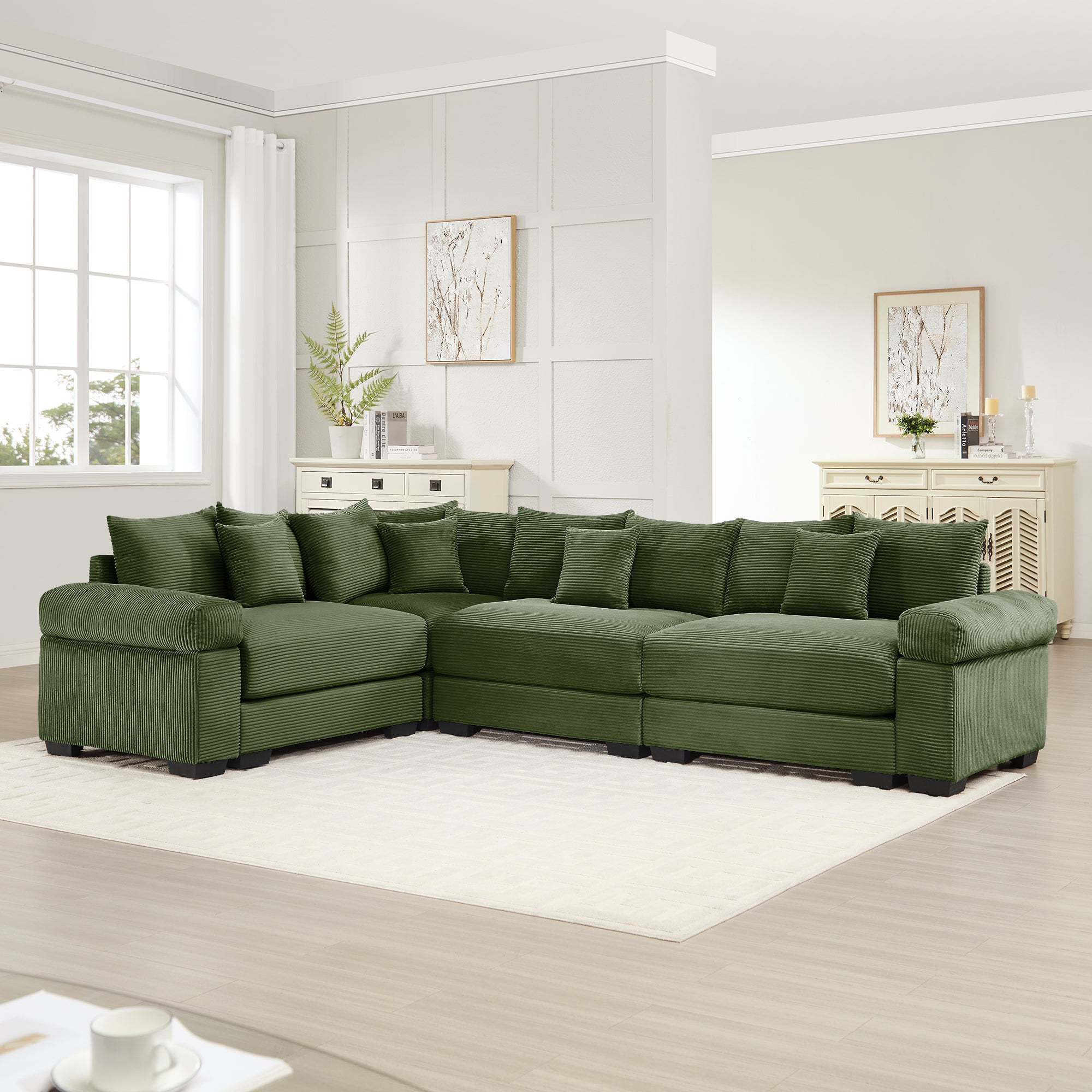 Albany 130" Modular Corduroy Cloud L-Shaped Sectional Sofa with Ottoman and Extra-Thick Armrests