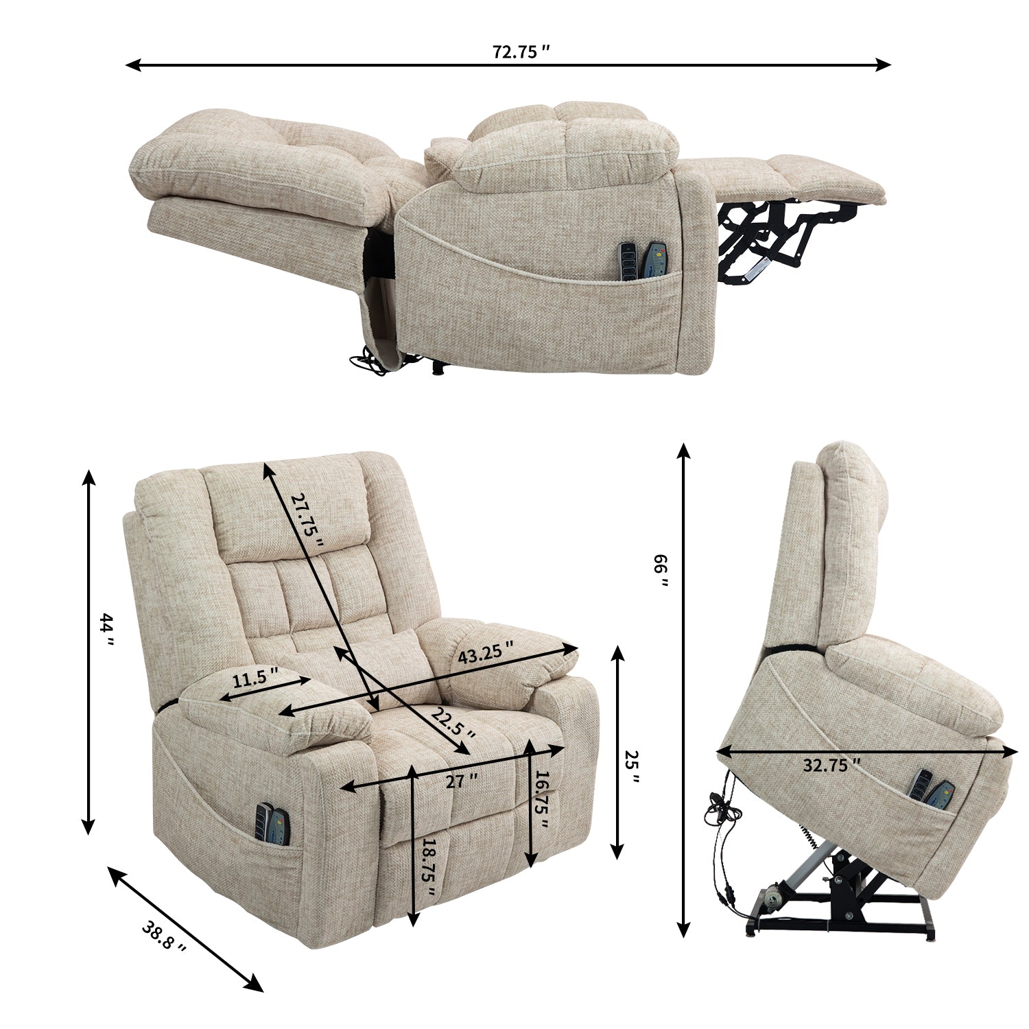 Calmere 43" Oversized Chenille 4-Motor Power Lift Recliner Chair with Massage and Heat