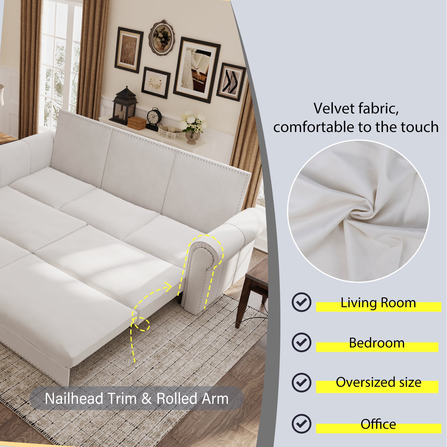 Chesterfield Sofa,93.7" King Pull Out Sofa Bed,3-in-1 Velvet Convertible Sleeper Sofa with Nailhead Trim & Rolled Arm,Multi-Functional Sofa Bed for Living Room,Bedroom,Beige/White(old sku:W1885S00036)