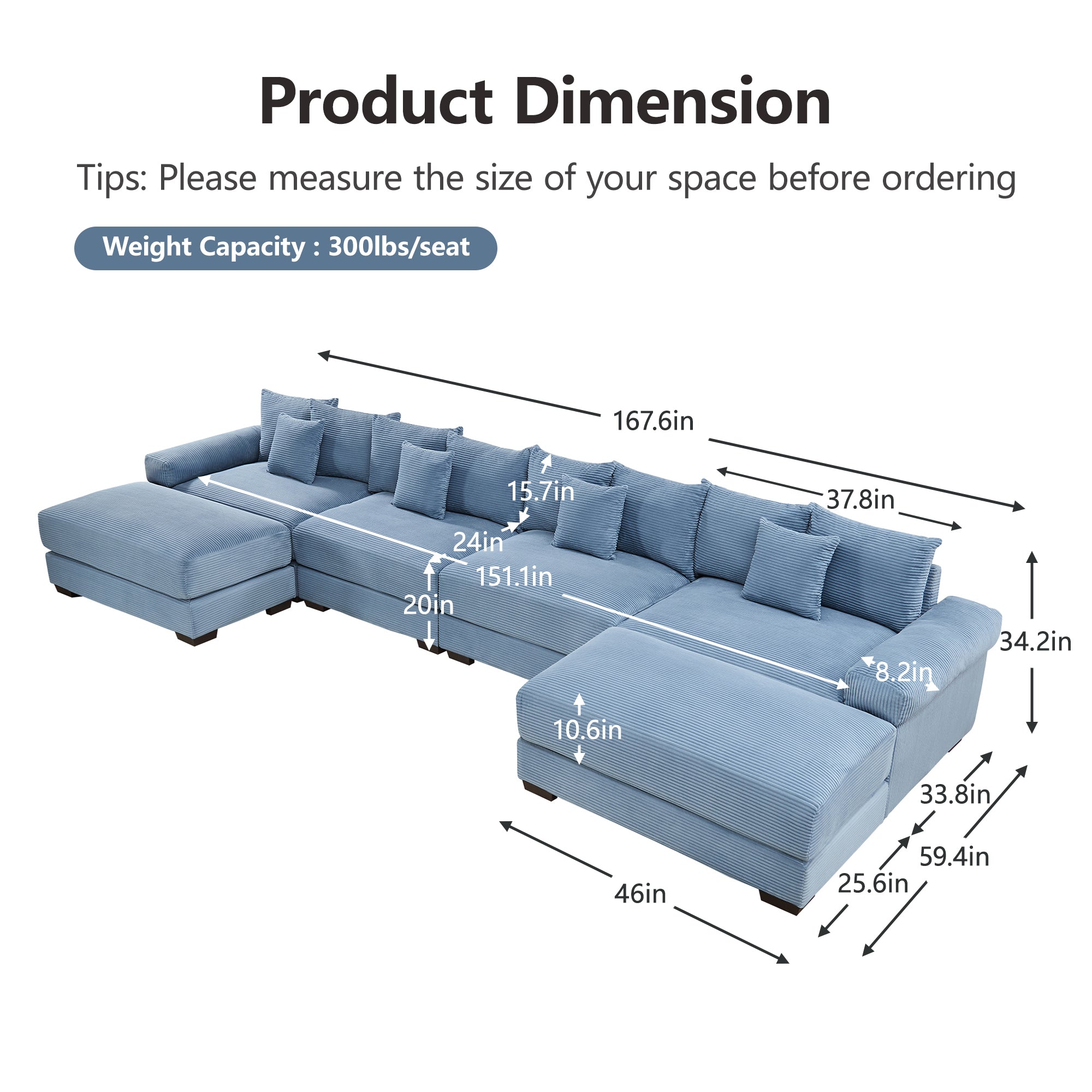 Albany 168" Modular Corduroy Cloud U-Shaped Sectional Sofa with Ottomans