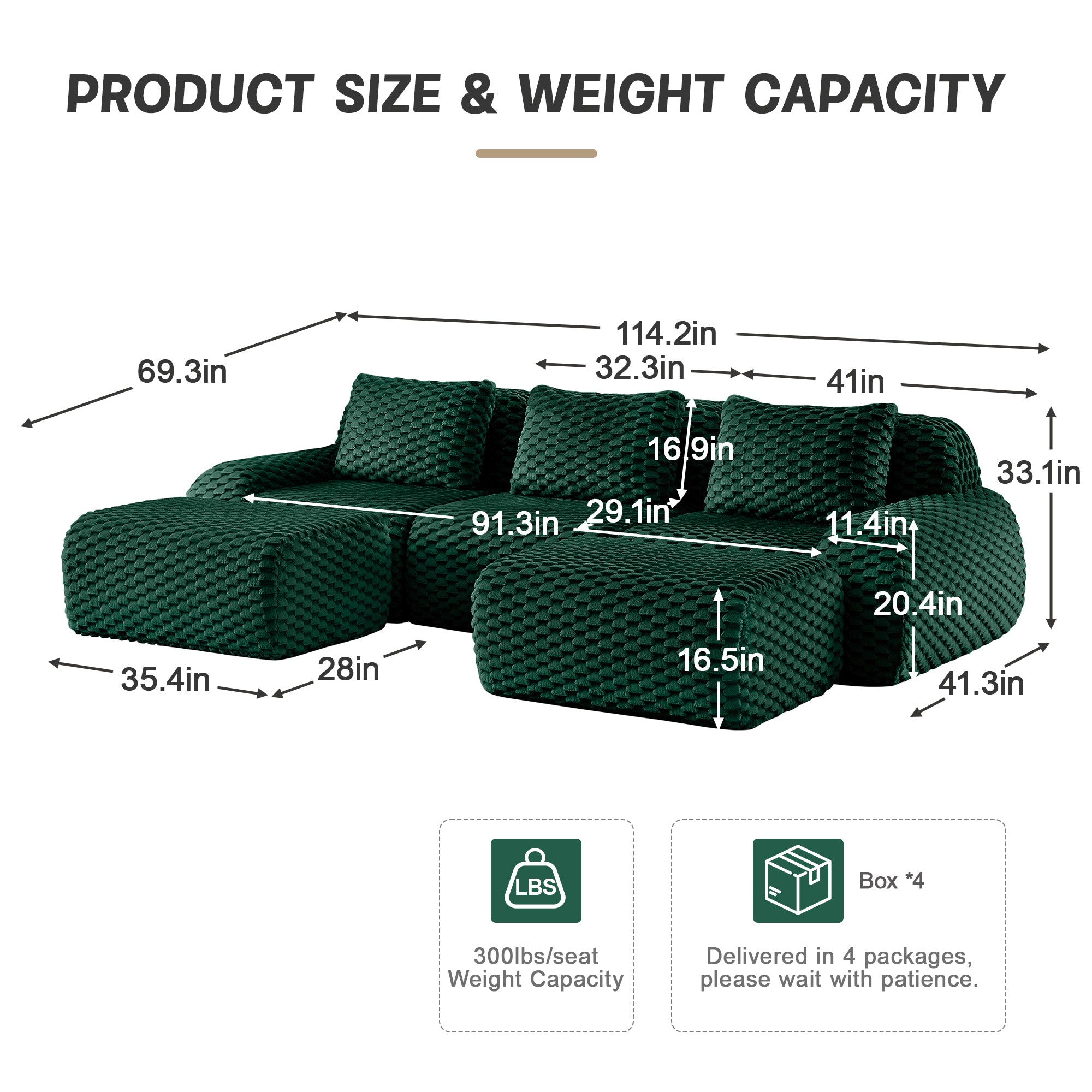 Olathe 114" Modular Flannelette Fabric U-Shaped Sectional Sofa with 2 Movable Ottomans