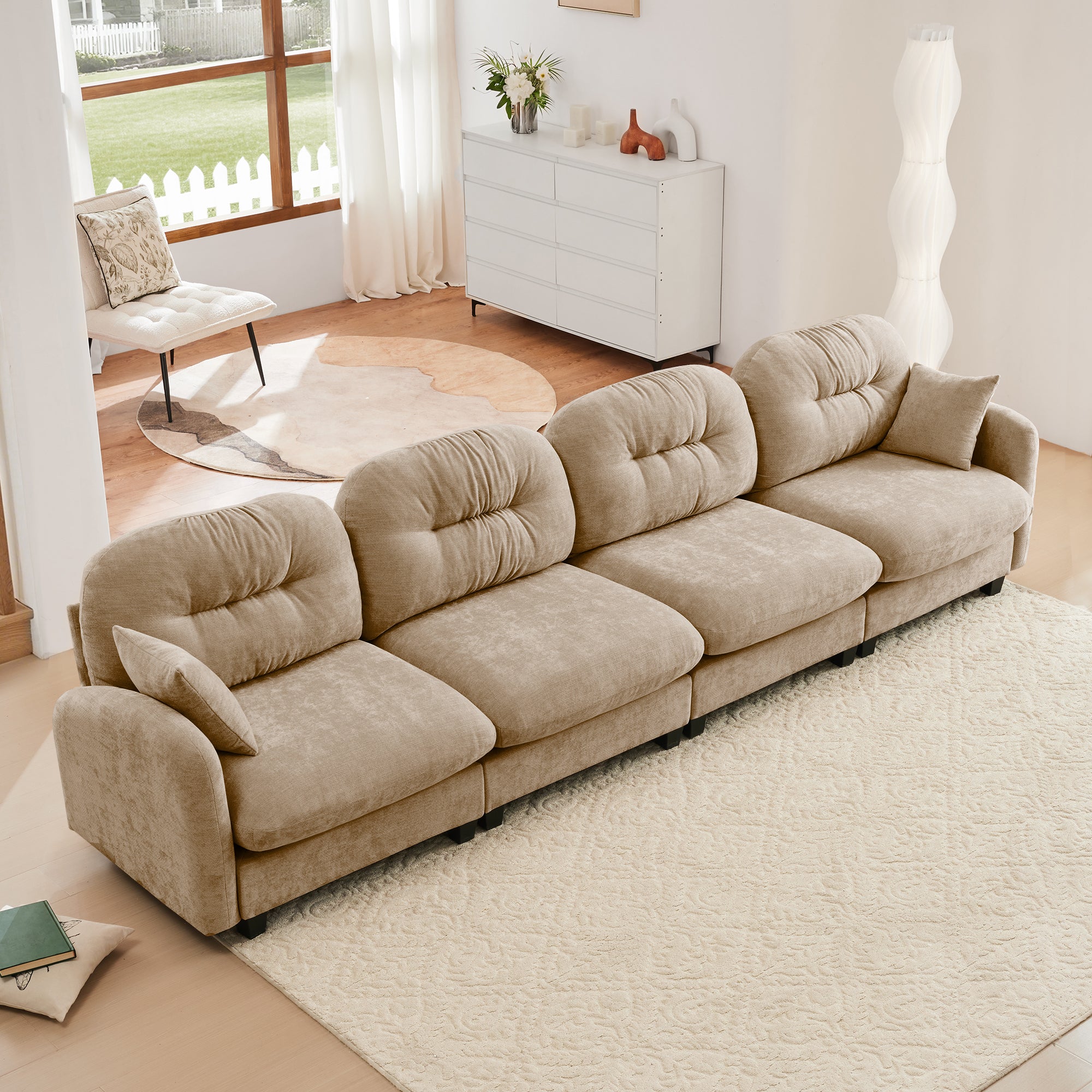 Roselyn 140" Modular Chenille Cloud 4-Seater Sofa with Tufted Cushion Backrest and  Pillows