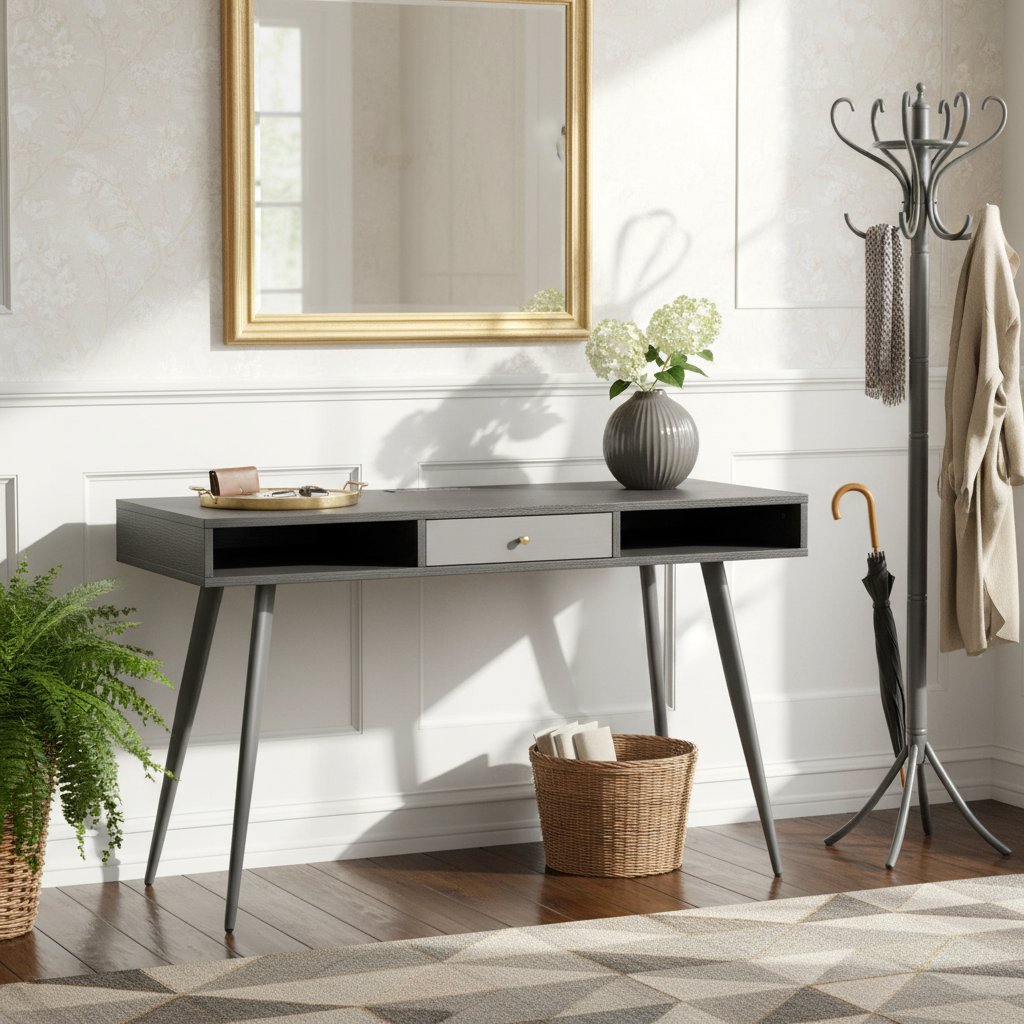 Orbita Mid‑Century Desk with USB Ports & Power Outlet, Black