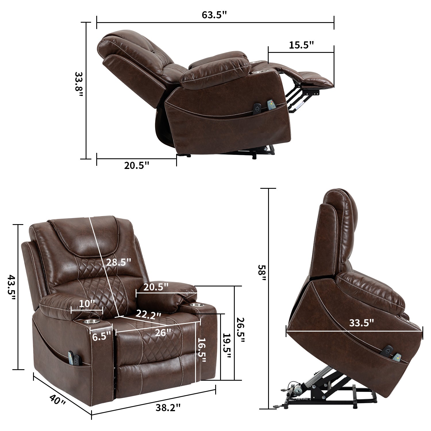 Plena 38" Leather Power Lift Recliner Chair with Massage, Heat and Cup Holders