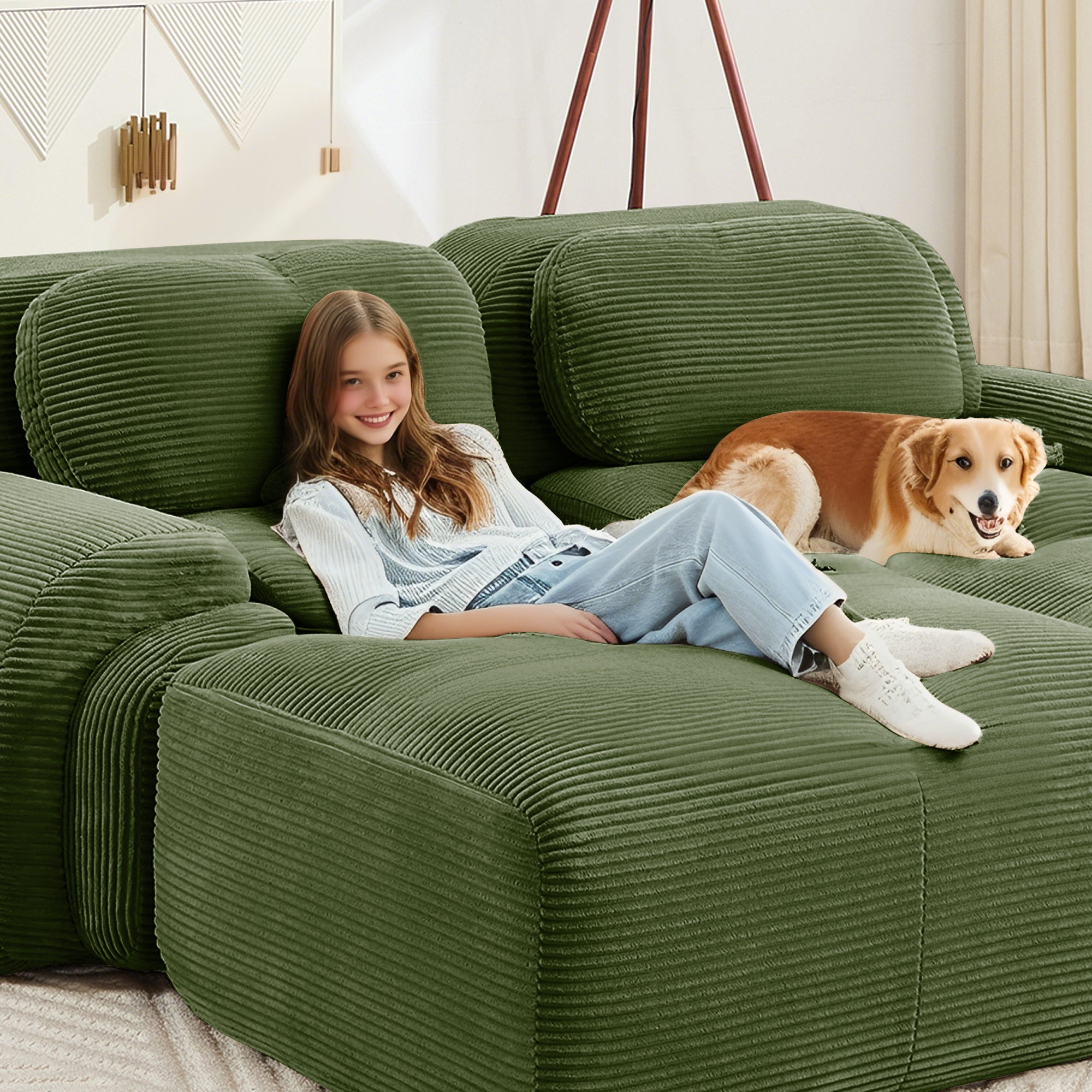 L-Shaped Modular Sofa, No Assembly, Ergonomic Design, Corduroy Fabric, Extra-Wide Armrests, Living Room/Bedroom, Olive Green