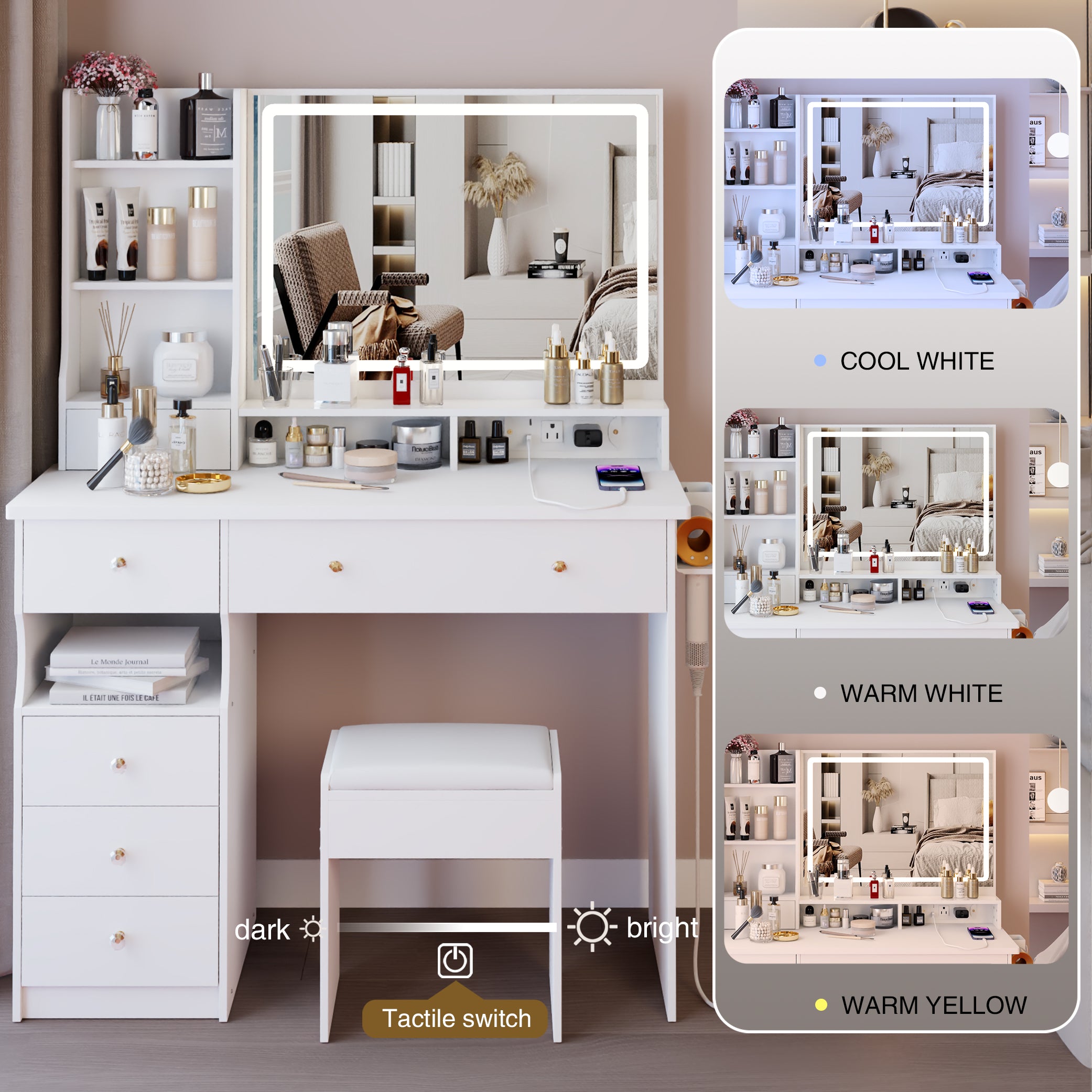 Homy Casa 41" White Vanity Set with LED Mirror, Power Outlets & Cushioned Stool